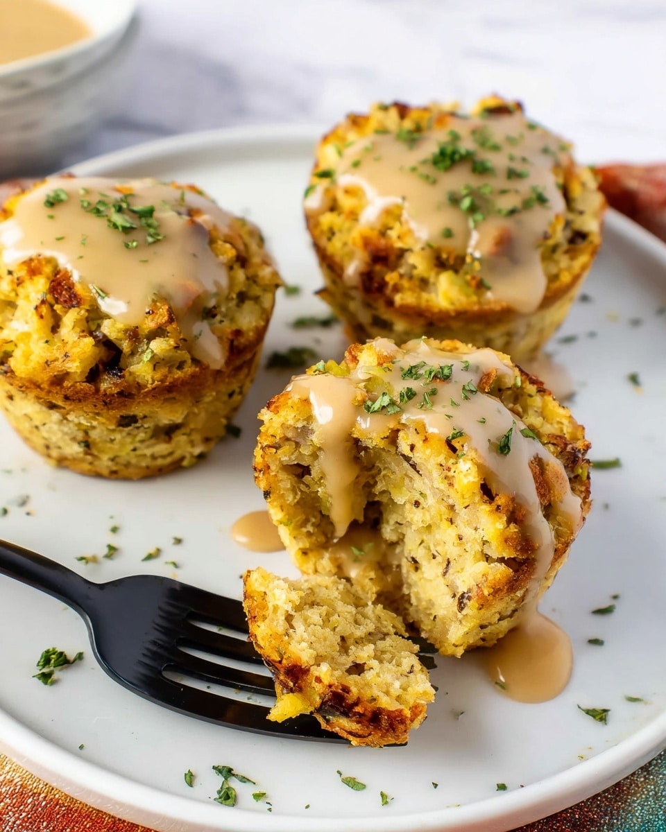 The image shows three small, round stuffing muffins on a white plate with a white marbled surface background. Each muffin is golden brown with a crumbly texture, speckled with herbs and bits of bread. Two muffins have a light brown creamy sauce drizzled on top, glistening and slightly pooling in spots. The third muffin is plain but sprinkled with green herbs. In front of the muffins, a black fork holds a bite-sized piece of one muffin covered with the same light brown sauce. Photo taken with an iphone --ar 4:5 --v 7