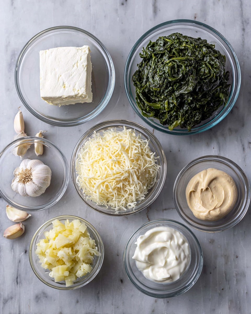 Crazy Easy Spinach Artichoke Dip Recipe 4 The image shows seven clear glass bowls of different sizes placed on a white marbled surface. Starting from the top left, the first bowl contains a solid block of white cream cheese. Next to it, a bigger bowl is filled with dark green, slightly frosty spinach. To the right, another large bowl holds a heap of shredded white mozzarella cheese. Below the top row, from left to right, there is a small bowl with chopped pale yellow artichoke pieces, a smaller bowl with grated pale yellow Parmesan cheese, a medium bowl filled with thick white sour cream, and a small bowl with a dollop of smooth beige mayonnaise. Three pieces of garlic cloves sit beside the bowls on the left. The photo is taken with an iPhone --ar 4:5 --v 7