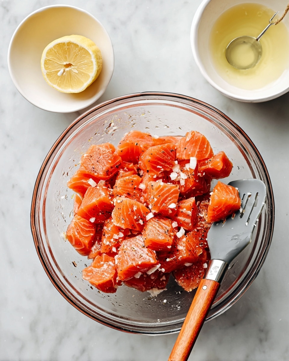 The image shows a clear glass bowl filled with bright orange chunks of raw salmon mixed with small bits of white garlic and black pepper. A gray spatula with a wooden handle rests inside the bowl, touching some salmon pieces. Above the bowl is a small white bowl with a pale yellow liquid, likely oil. Below the bowl is a shiny silver lemon squeezer holding a squeezed half lemon with a light yellow color. The whole setup sits on a white marbled surface. photo taken with an iphone --ar 4:5 --v 7