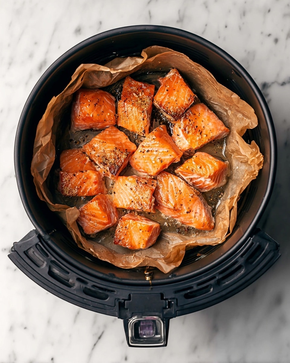 The image shows pieces of pink-orange cooked salmon with a slightly brown seared surface, arranged in one layer inside a black air fryer basket lined with crinkled light brown parchment paper. The salmon pieces are cut into small, thick chunks with visible flaky texture, glistening with oil and small black pepper bits. The basket handle is visible at the bottom, and the air fryer sits on a white marbled surface. photo taken with an iphone --ar 4:5 --v 7
