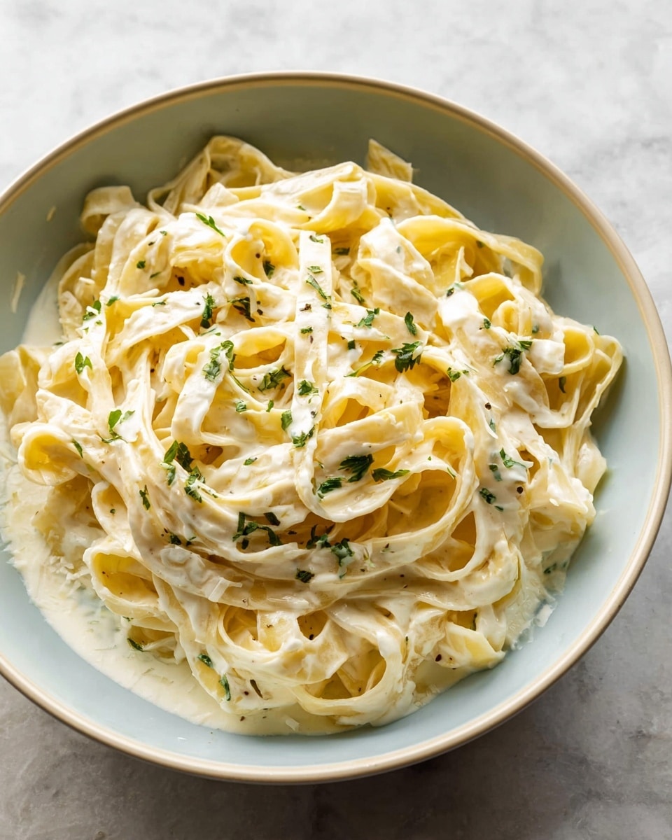 A bowl of creamy fettuccine alfredo pasta shows many flat, pale yellow pasta ribbons loosely piled in the center. The pasta is coated with a thick white cream sauce mixed with small green herb pieces, giving a fresh look. The white bowl holding the pasta contrasts gently with the layers of sauce and pasta. The dish sits on a white marbled surface, with creamy sauce slightly pooling around the edges inside the bowl. photo taken with an iphone --ar 4:5 --v 7