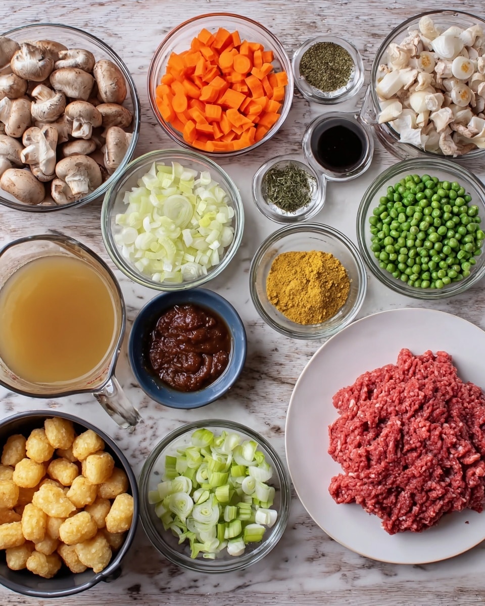 The image shows multiple small white bowls and a clear glass measuring cup on a white marbled surface, each filled with different ingredients. There is one white plate holding a mound of raw ground red meat on the right side. Surrounding this plate are bowls containing bright orange chopped carrots, white chopped onions, dried green and yellow herbs, a small amount of dark liquid, and a rich red paste. Other clear bowls hold light brown diced mushrooms, chopped green celery, finely chopped pale yellow garlic, and white flour. A black bowl contains frozen green peas, and a dark blue bowl has round golden tater tots. The clear measuring cup contains a light yellow-brown broth. The arrangement is neat, showing each ingredient clearly. photo taken with an iphone --ar 4:5 --v 7