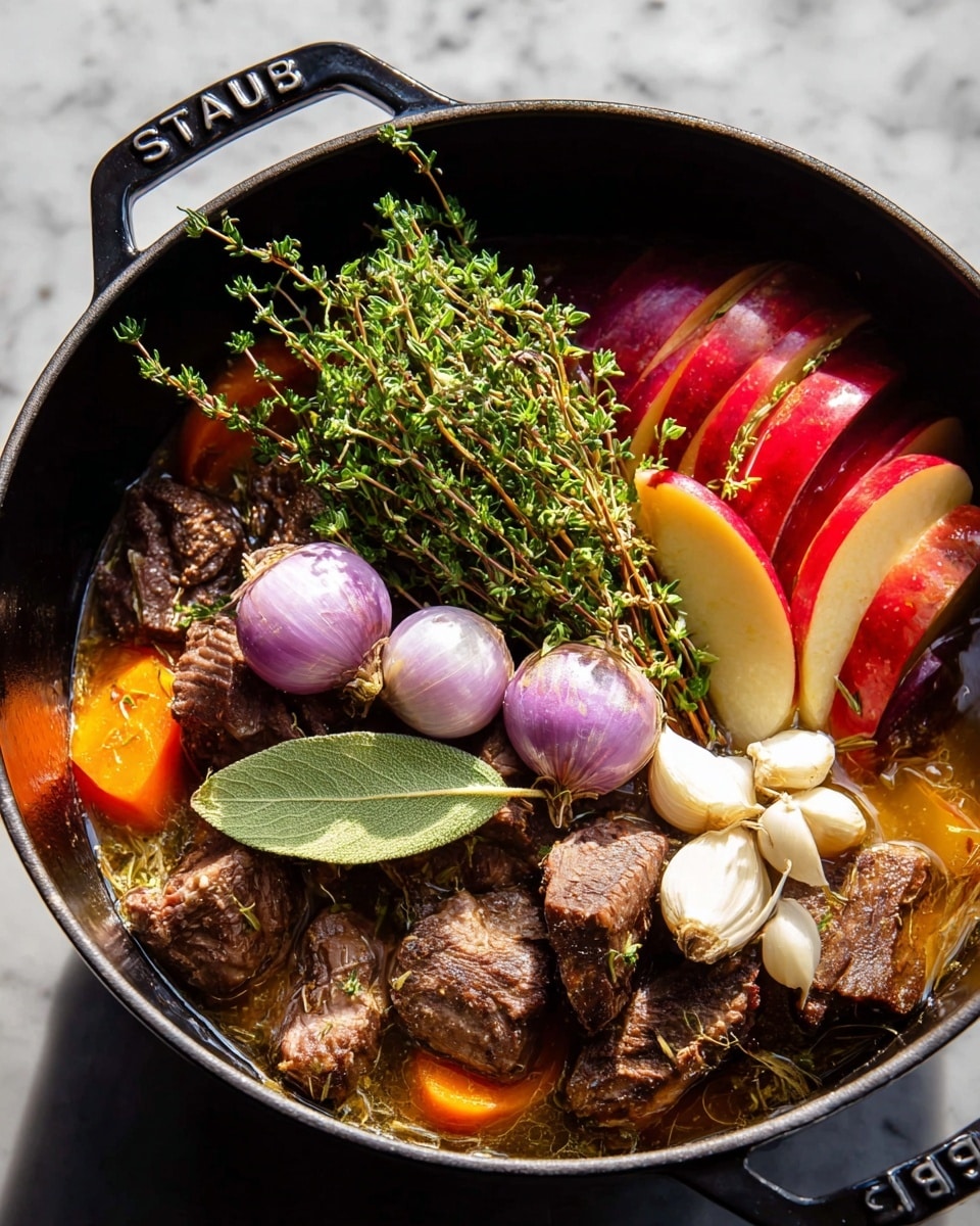 A black pot filled with several layers of ingredients sits on a white marbled surface. The bottom layer has brown cooked meat chunks with cooked onions, soft orange carrot slices, and a light golden broth. On top of this are whole peeled shallots with a smooth light purple texture, halves of red apples with shiny skin, and a cut garlic bulb showing white cloves inside. Fresh green thyme sprigs cover the center, and there is a single bright green bay leaf on one side. The pot handle has the word STAUB in raised letters. Photo taken with an iphone --ar 4:5 --v 7