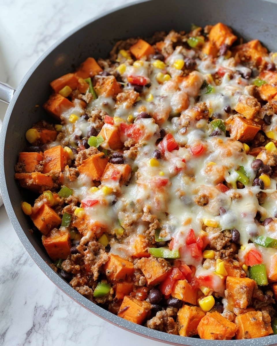 A close-up of a cooked dish in a gray pan showing a mix of chunky orange sweet potato pieces, light brown ground meat, black beans, yellow corn kernels, bright green pepper bits, and red tomato chunks. A layer of melted white cheese spreads evenly over the top, creating a creamy texture that blends with the colorful mix underneath. The dish looks warm and hearty, with a mix of soft and chunky textures. The pan rests on a white marbled surface. photo taken with an iphone --ar 4:5 --v 7