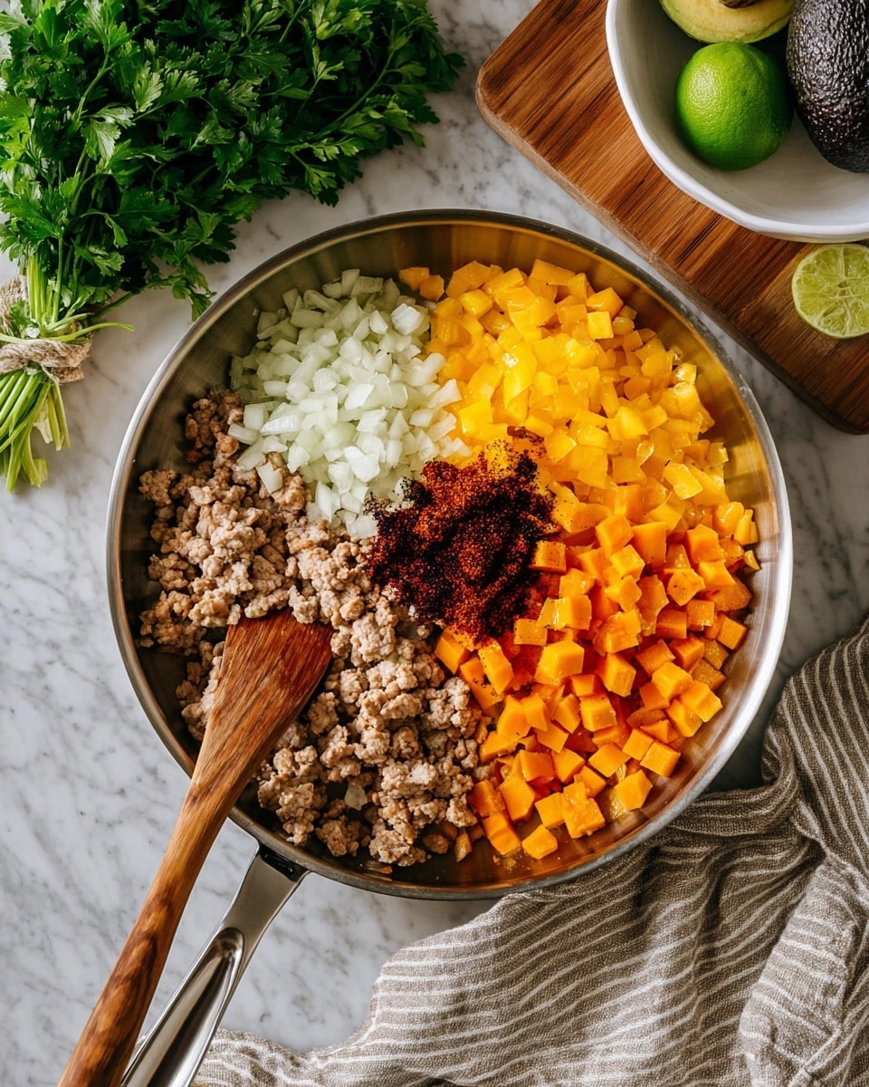 A round silver pan contains five distinct layers of ingredients, each occupying a separate section. Starting from the left, there is a layer of cooked, light beige ground meat with a crumbly texture. Next to it, a section of finely chopped white onions sits at the top edge. In the center-top, a pile of dark reddish-brown spices adds a vibrant contrast. Moving clockwise, there is a bright yellow layer of chopped bell peppers with a smooth, firm texture. Finally, the bottom layer is made up of small orange cubes that appear to be diced sweet potatoes, firm and fresh. A wooden spatula rests on the left side of the pan, partially leaning on the meat layer. The pan sits on a white marbled surface with a bunch of green parsley hanging above and a white bowl with dark avocados and a cut lime on a wooden board to the top right. A beige cloth and a gray and white striped cloth are partly visible below and to the right of the pan. Photo taken with an iphone --ar 4:5 --v 7
