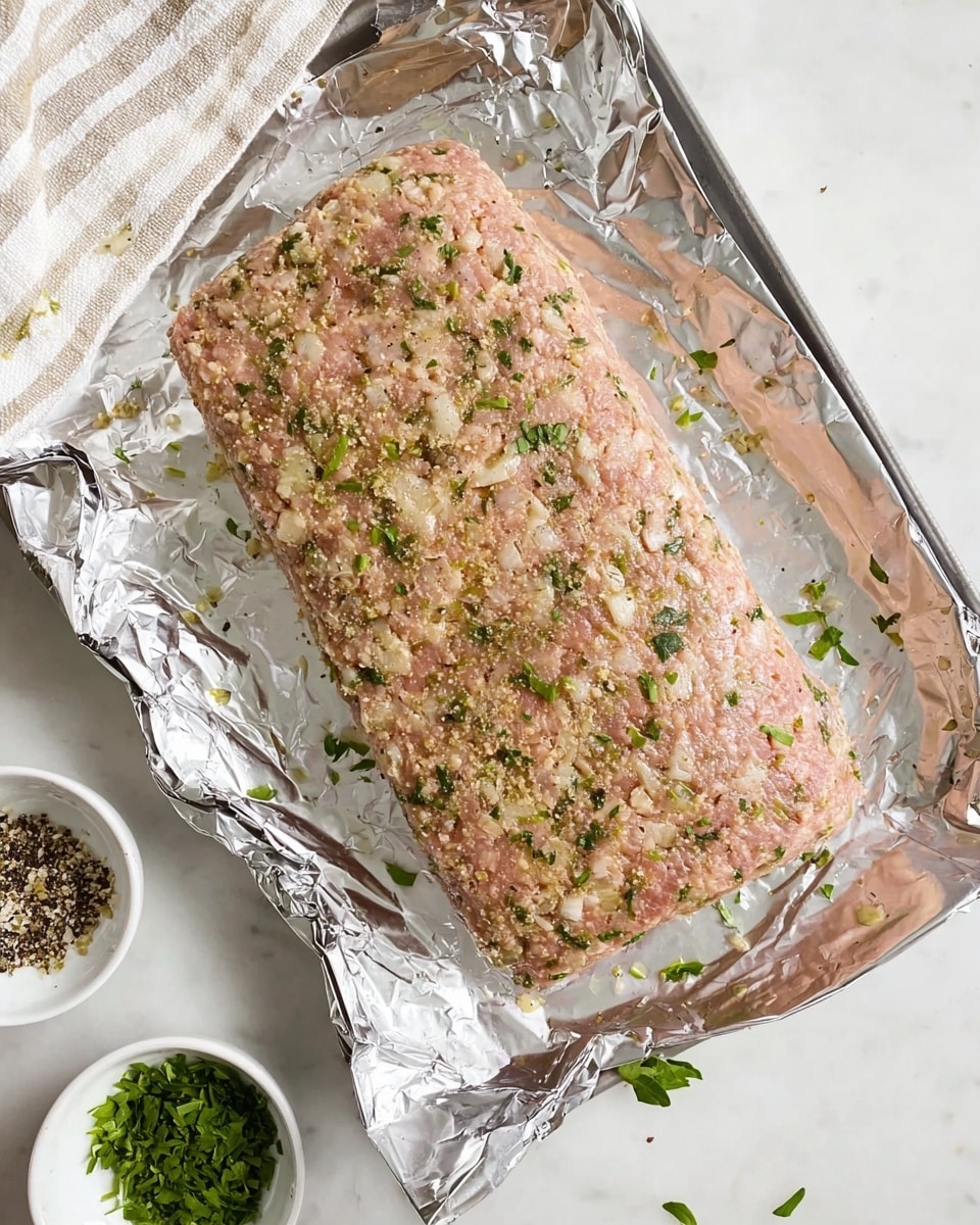 A single rectangular-shaped raw meatloaf is placed on silver foil on a white marbled surface. The meatloaf has a light pink color mixed with flecks of green herbs and white bits of onion throughout, and it appears to have a coarse, crumbly texture with some dry seasoning sprinkled on top. Around the edges of the foil, a few scattered small green herb leaves add a touch of color. On the bottom left side of the image, there are two small white bowls, one filled with finely chopped green herbs and the other with black pepper. Part of a white and beige striped cloth is seen on the top left corner. Photo taken with an iphone --ar 4:5 --v 7