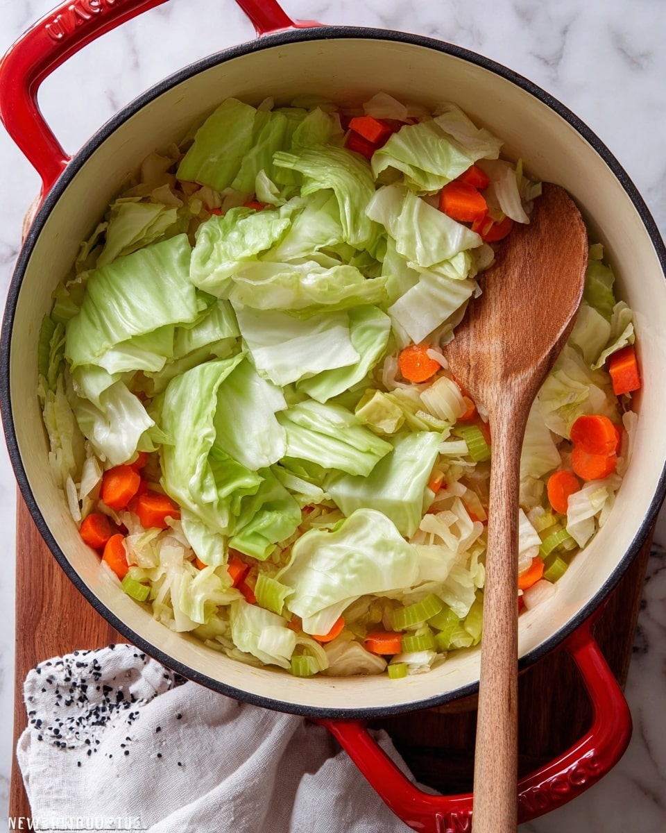 A white enamel pot with red handles sits on a white marbled surface, filled with a colorful mix of vegetables being cooked. The bottom layer shows diced onions, vibrant orange carrot slices, and crunchy green celery pieces, all softened and slightly shiny from cooking. On top of this base, large chunks and wide strips of fresh light green cabbage cover the vegetables, creating a mix of smooth and folded textures. A wooden spoon rests inside the pot, stirring the cabbage among the other vegetables. Part of a white cloth with black specks lies near the pot handle. photo taken with an iphone --ar 4:5 --v 7