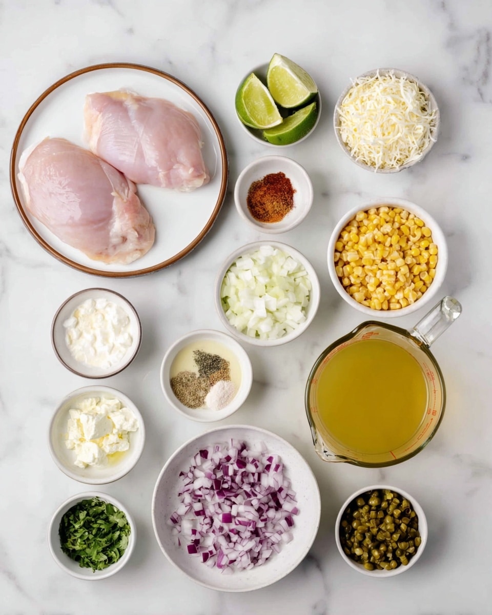 The image shows various cooking ingredients arranged neatly on a white marbled surface. At the bottom left, two pieces of raw pink chicken lay on a white plate with a brown rim. Above and to the right, multiple small white bowls hold a variety of foods: light green lime wedges, crumbly white cheese, small green chopped peppers, white shredded cheese, thick white sour cream, a mix of red, brown, black, and white spices, chopped purple onions, green chopped herbs, a small bowl of light yellow juice, roasted yellow corn kernels, and a small bowl containing green relish or pickles. In the center is a clear glass measuring cup filled with a yellow liquid, likely broth. The photo taken with an iphone --ar 4:5 --v 7