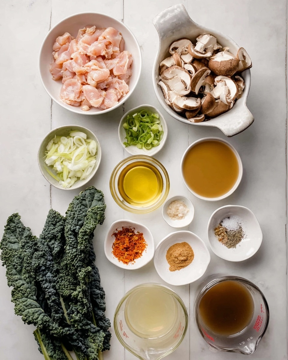 A top-down view of many small dishes and bowls arranged neatly on a white marbled surface. The largest white bowl at the top left is filled with small pink pieces of raw chicken. To the right, a white bowl with a handle holds sliced brown and white mushrooms. Below these are two small clear glass bowls, one with a golden liquid and the other with a lighter yellow oil. A small white bowl with chopped green onions is next to them. There is a small white bowl with a reddish paste, one with a yellowish minced ingredient, a tiny white dish with orange and white spices, and another small white dish with a mix of salt, pepper, and other seasonings. Below and to the left is a bunch of dark green leafy kale. At the bottom are two clear glass measuring cups, one filled with a brown broth and the other with a white liquid. photo taken with an iphone --ar 4:5 --v 7