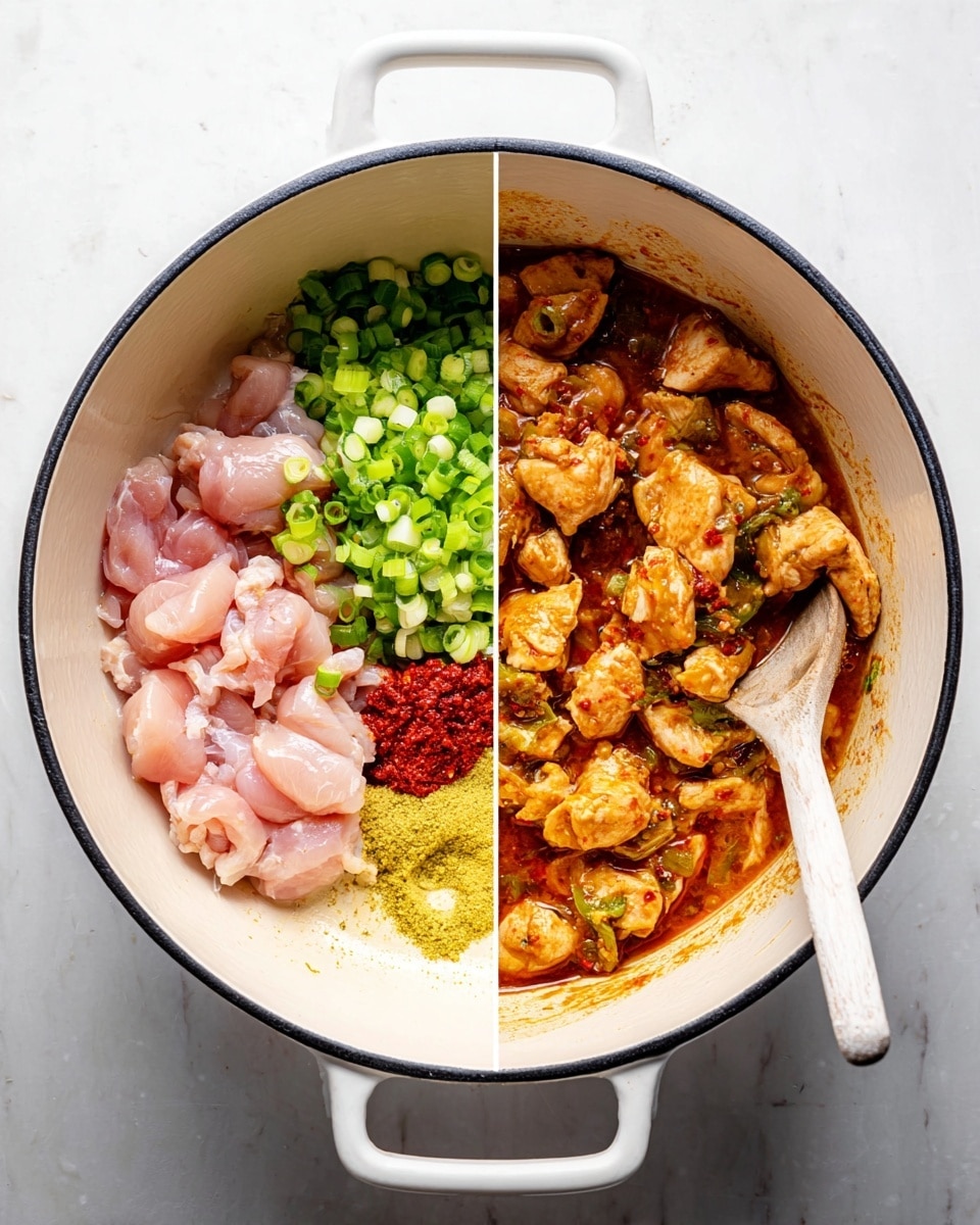 A white pot with a black rim shows two stages of cooking chicken on a white marbled surface. On the left side, the pot has three layers: on the right side, pieces of raw pink chicken, on the left, chopped green onions, and at the bottom, a light yellow paste, a small red paste, and a darker red paste, all separated but close together with an oily base under them. On the right side, the pot contains cooked chicken pieces in a thick rust-colored sauce with visible chunks of green onions mixed in. A wooden spoon with a white handle rests inside the pot. photo taken with an iphone --ar 4:5 --v 7