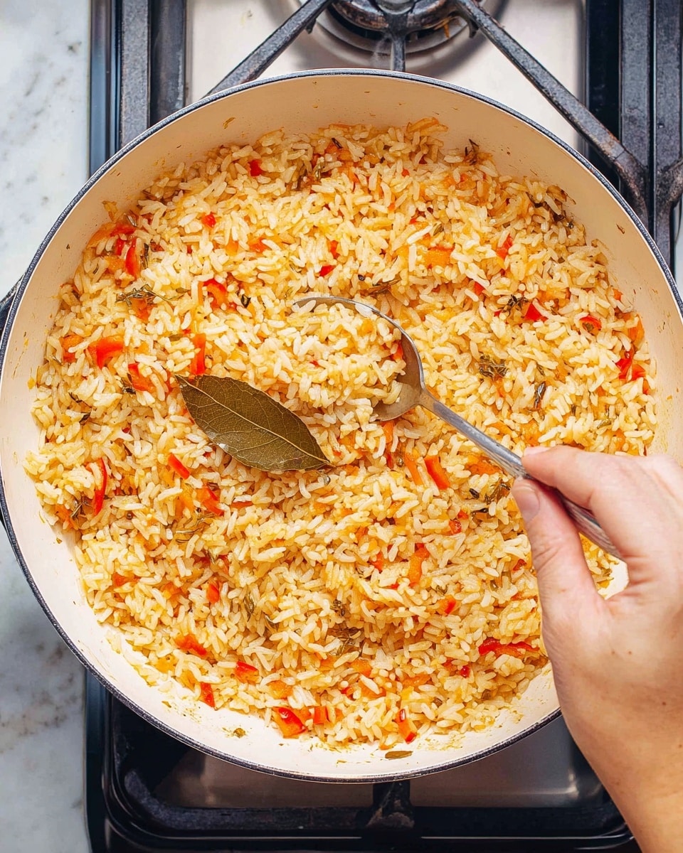 A white pan filled with cooked rice mixed with small pieces of red bell pepper and spices, creating a light orange color throughout. There is one visible bay leaf sitting near the bottom of the pan. A woman's hand is holding a small spoon, stirring the rice gently near the center of the pan. The pan sits on a stove, and the background surface is a white marbled texture. photo taken with an iphone --ar 4:5 --v 7