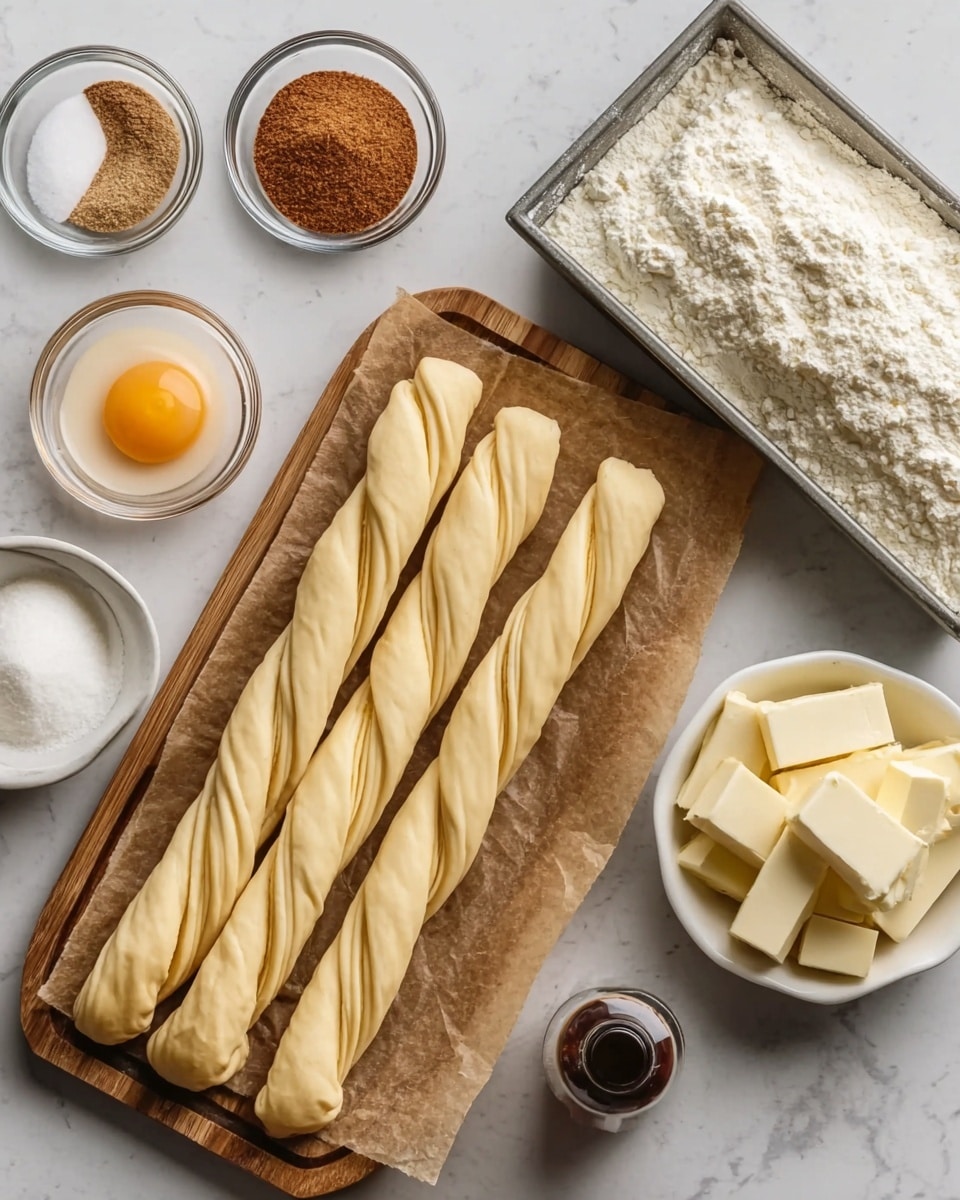 The image shows a wooden tray with three twisted dough sticks laid side by side on a brown parchment paper, each dough stick pale yellow and smooth with visible spiral folds. Around the tray on a white marbled surface, there are small glass bowls containing white granulated sugar, a brown cinnamon powder, and white powdered sugar. A small white bowl holds a raw egg yolk with the white visible around it. There is a metal tray holding three blocks of cream cheese, creamy white and smooth. A white bowl holds several pieces of light yellow butter. A small dark bottle with a white cap is also present near the bottom right corner. photo taken with an iphone --ar 4:5 --v 7