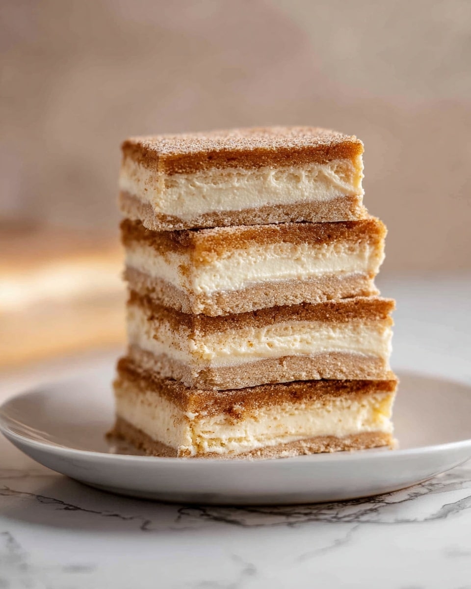 The image shows a stack of four square slices of a layered dessert on a white plate. Each slice has three layers: the top and bottom layers are light brown with a slightly rough texture, and the middle layer is a thick, creamy off-white color. The slices have clean edges and are stacked unevenly, leaning slightly to the right. The plate sits on a surface with a white marbled texture. The background is softly blurred with neutral tones, putting focus on the dessert. photo taken with an iphone --ar 4:5 --v 7