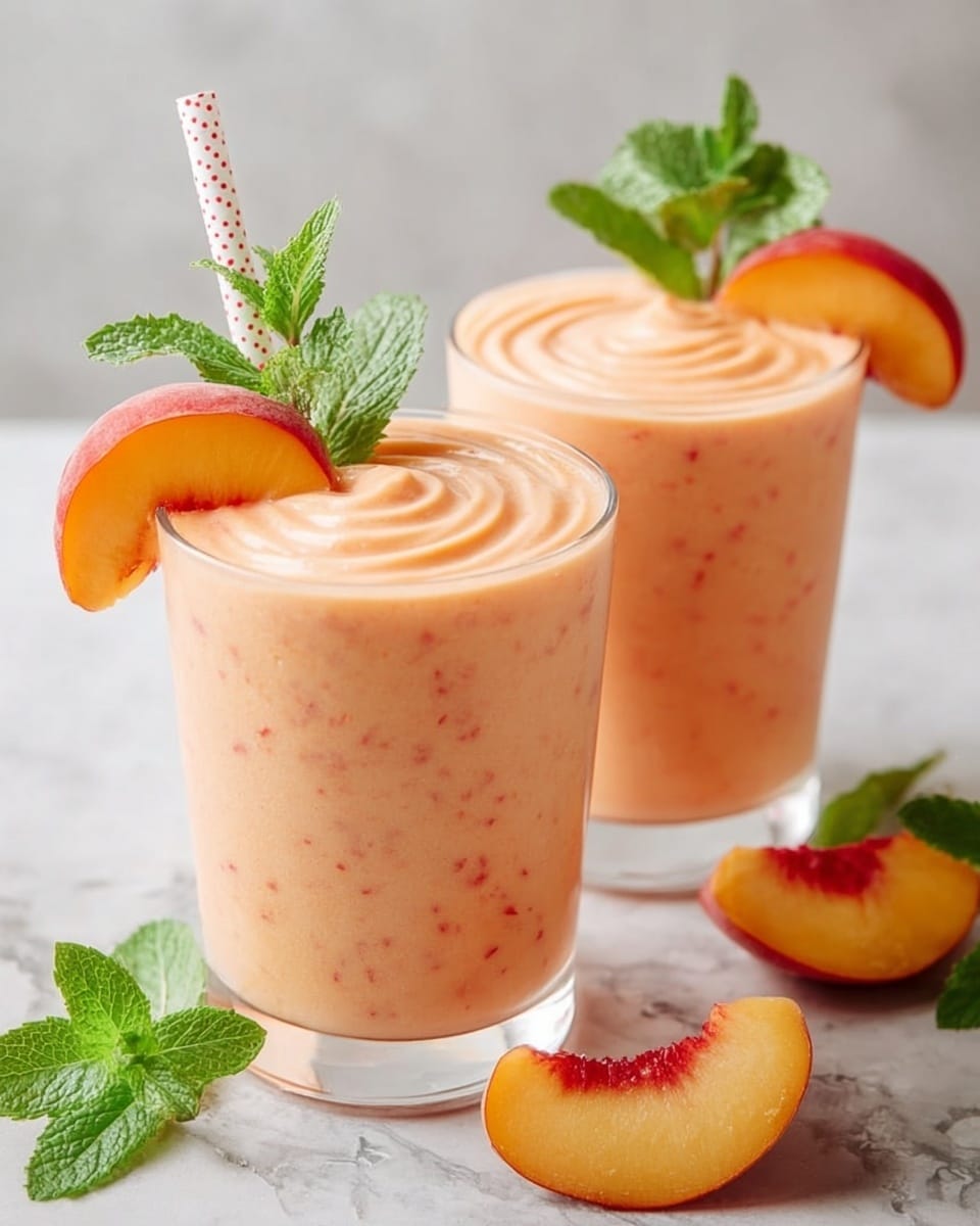 Two clear glasses filled with a thick, creamy peach smoothie in soft peach color, with visible small fruit specks throughout. Each glass is topped with a swirl pattern on the surface of the smoothie. One glass has a white and red patterned paper straw sticking out, and both glasses are decorated with a fresh green mint sprig and a peach slice placed on the rim. In front of the glasses on the white marbled surface, there is an extra peach wedge and a couple of mint leaves scattered around for garnish. photo taken with an iphone --ar 4:5 --v 7