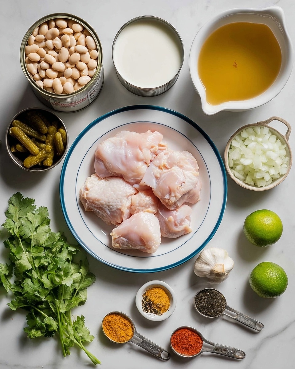 Two raw pink chicken pieces rest side by side on a round white plate at the center. Around it, there are two open cans filled with light beige beans, a metal measuring cup with light yellow broth on the top right, a white bowl full of chopped white onions, and a bunch of fresh green cilantro with stems. Near the plate, three light brown garlic cloves lay loose on the white marbled surface. On the bottom left, a white bowl with creamy white yogurt is placed next to a small metal cup holding green pickles. Three small containers and two spoonfuls of red, orange, yellow, and brown ground spices lie scattered near the yogurt bowl. A whole bright green lime sits next to the cilantro. photo taken with an iphone --ar 4:5 --v 7