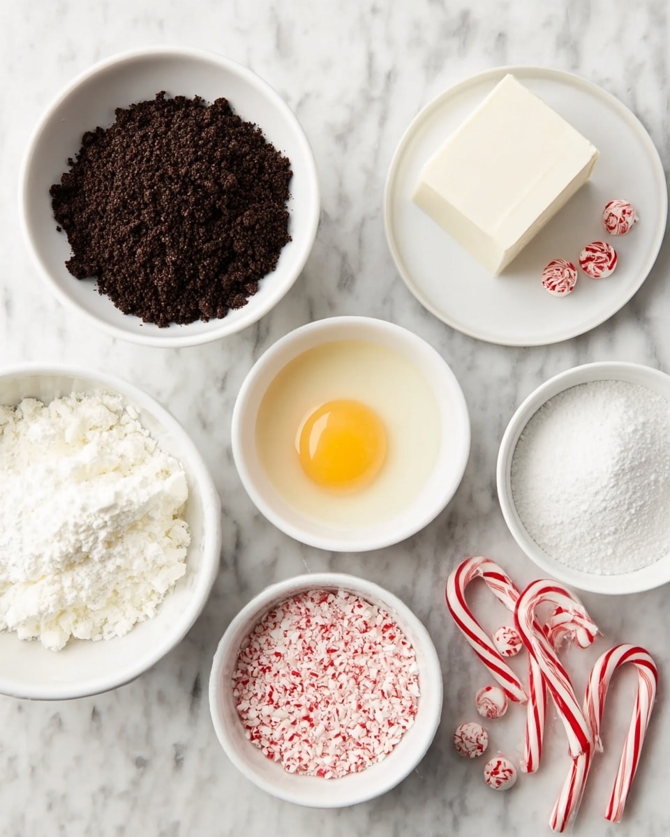 The image shows several white bowls arranged on a white marbled surface, each holding a different ingredient. From the bottom left going clockwise, there is a bowl filled with very dark brown finely crushed crumbs, a bowl with a single raw egg showing a bright yellow yolk in clear white albumen, a small plate holding a block of white cream cheese, a bowl full of white granulated sugar, a bowl with crushed red and white peppermint candy, and a bowl with fine white powder, likely powdered sugar. To the right side, there are small whole red and white candy canes and round peppermint candies placed loosely on the surface. photo taken with an iphone --ar 4:5 --v 7