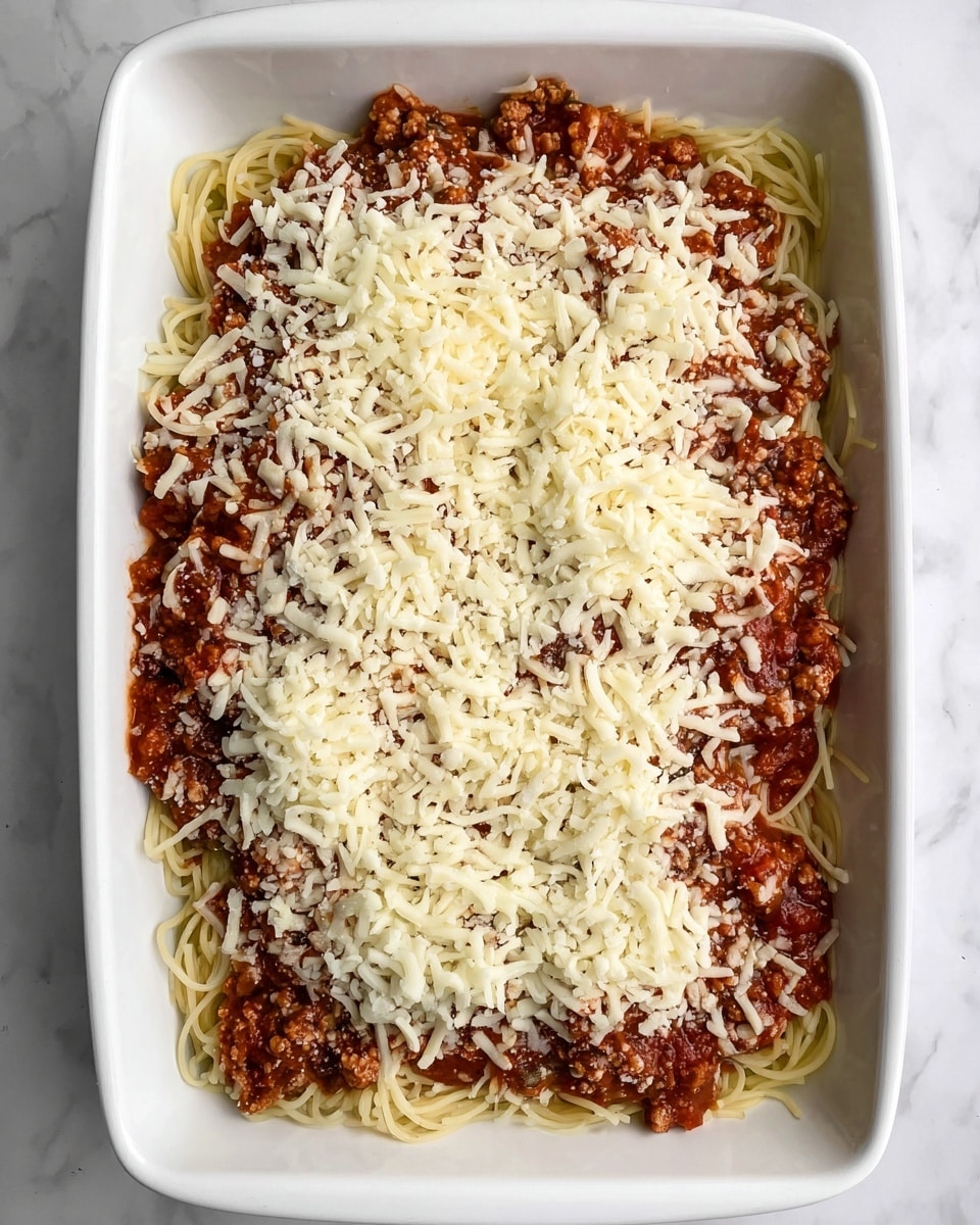 The image shows a white rectangular baking dish filled with layers of cooked spaghetti at the bottom, topped with a chunky red meat sauce that is spread unevenly, and covered with a thick layer of shredded white cheese that covers most of the sauce. The background is a white marbled texture. photo taken with an iphone --ar 4:5 --v 7