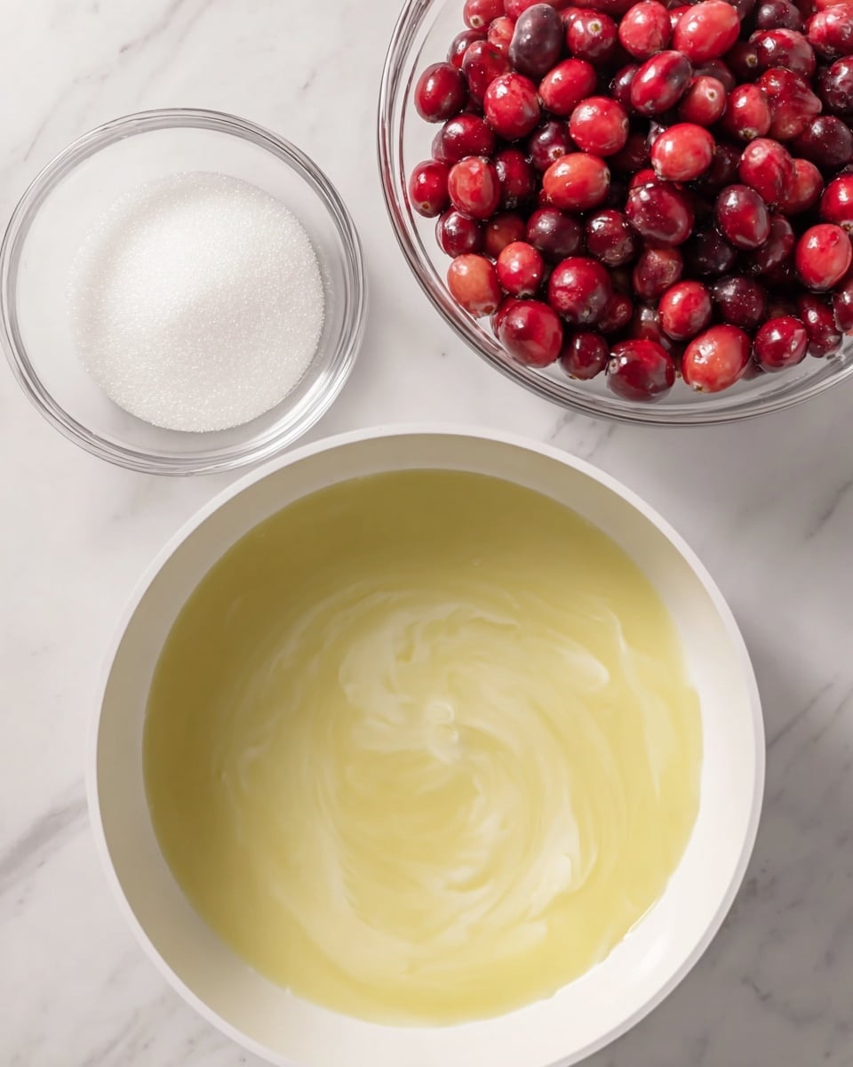 The image shows a top view of a white pan with a light yellow liquid swirling inside, creating smooth, soft patterns on the surface. To the top right, there is a clear glass bowl filled with bright red cranberries, some of them slightly shiny and fresh. To the top left, there is a smaller, clear glass bowl holding fine white granulated sugar. All items are placed on a white marbled surface. Photo taken with an iphone --ar 4:5 --v 7