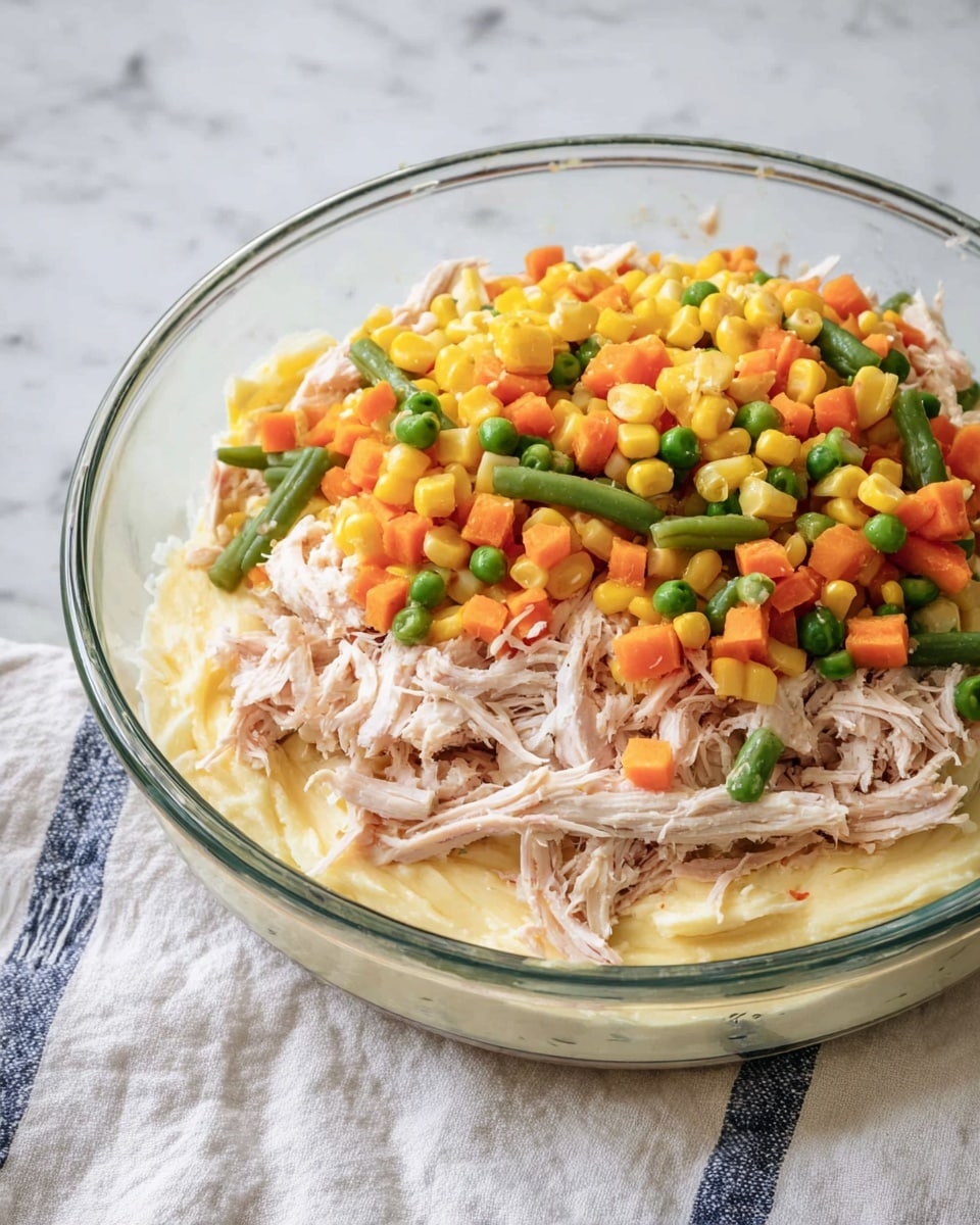 A clear glass bowl holds three layers of food. The bottom layer is a smooth, creamy pale yellow mixture spread evenly across the bowl's base. The middle layer is shredded pale pink cooked chicken spread over the creamy base. The top layer is a colorful mix of vegetables, including bright orange carrot cubes, yellow corn kernels, green peas, and green beans cut into pieces, all piled on top of the chicken. The bowl sits on a white marbled surface with a white cloth that has blue stripes on the right side. photo taken with an iphone --ar 4:5 --v 7