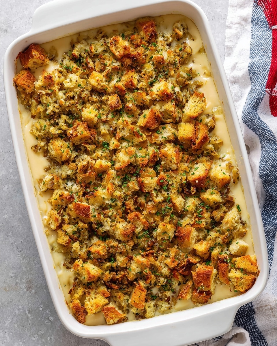 A white rectangular baking dish filled with two visible layers: the bottom layer is a smooth, creamy pale yellow sauce that peeks out slightly at the edges, while the top layer is a thick, uneven spread of golden-brown stuffing with small chunks of herbs and bread, showing a crunchy texture. The dish sits on a white marbled surface, with part of a white and blue striped cloth visible on the bottom right corner. Photo taken with an iphone --ar 4:5 --v 7