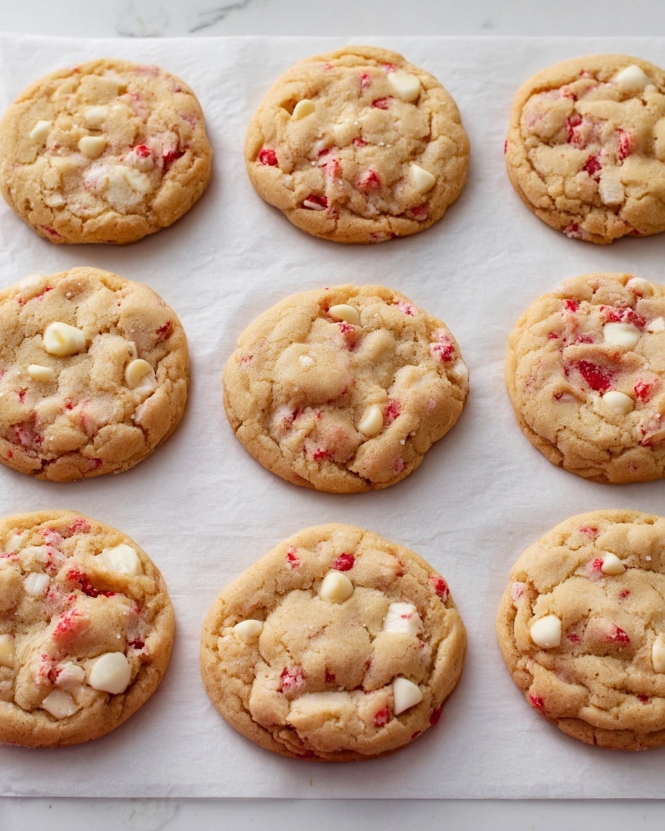 The image shows nine round cookies arranged in three rows on a white baking paper with a white marbled surface underneath. Each cookie is light golden brown and has a soft, slightly bumpy texture with small white chunks and bright red pieces evenly mixed throughout. The cookies appear thick and slightly flat with a few cracks and folds on their tops. Photo taken with an iphone --ar 4:5 --v 7