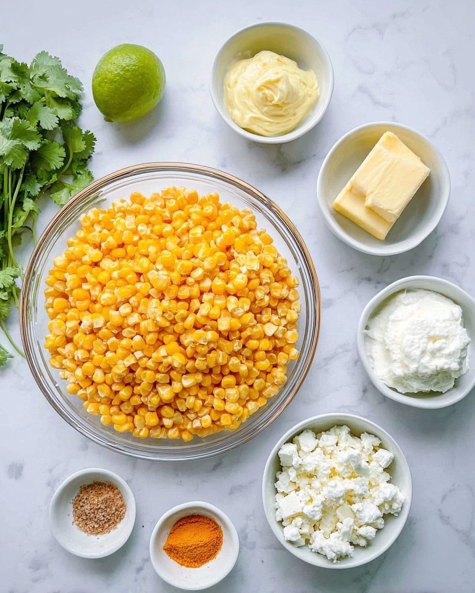 The image shows a clear glass bowl filled with bright yellow corn kernels as the main layer in the middle right. Around it are several small white bowls and dishes holding creamy yellow mayo, a small cube of light yellow butter, soft white cheese crumbles, smooth white sour cream, and two small dishes with spices in pale beige and bright orange. Fresh green cilantro leaves are placed next to the glass bowl on a white marbled surface. A half lime with a bright green inside sits near the top left. The overall setup is bright and fresh with the ingredients arranged neatly. photo taken with an iphone --ar 4:5 --v 7