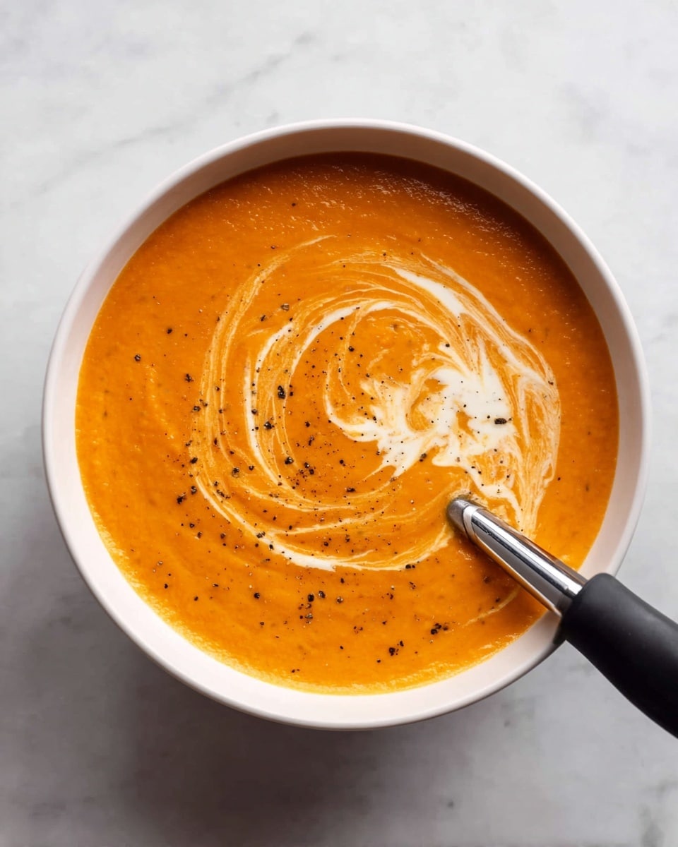 A white bowl filled with thick, smooth orange soup with specks of black pepper visible throughout. On the surface, there is a swirl of white cream creating a soft swirl pattern near the middle. A black immersion blender is partially inserted into the soup on the right side of the bowl. The bowl is placed on a white marbled texture background. photo taken with an iphone --ar 4:5 --v 7