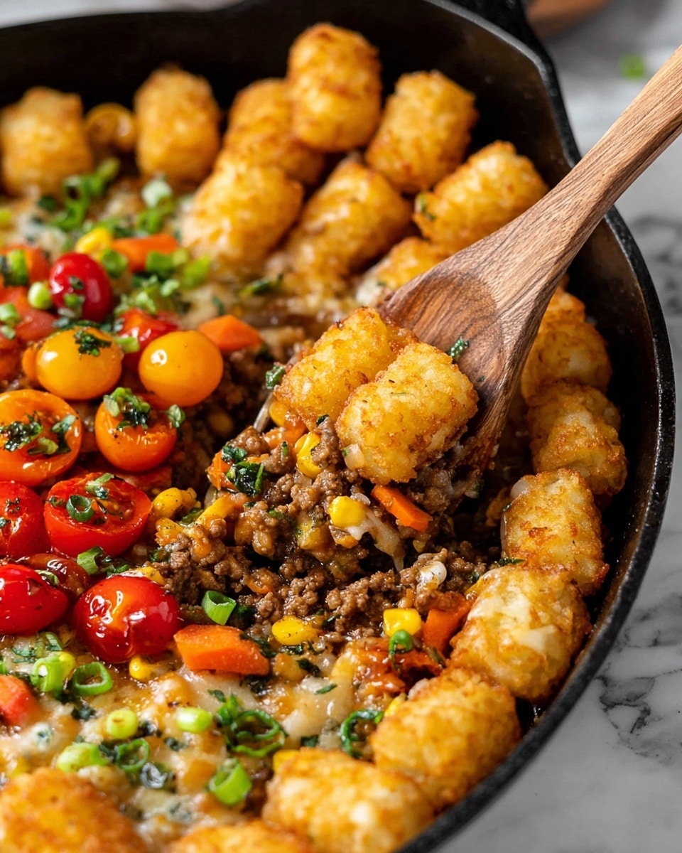 The dish in a black pan features a cooked mix of ground meat, diced orange carrots, corn, melted cheese, and some herbs topped with crispy golden tater tots arranged on one side. On top of the tater tots, there are halved red and yellow cherry tomatoes and green sliced scallions scattered for color. A wooden spoon scoops up a portion of the hearty meat and vegetable mixture that has a soft, creamy texture with a light brown color and bits of melted cheese, against the dark background of the pan. The woman’s hand holding the spoon is not shown but implied. The surface beneath the pan has a smooth white marbled texture. photo taken with an iphone --ar 4:5 --v 7