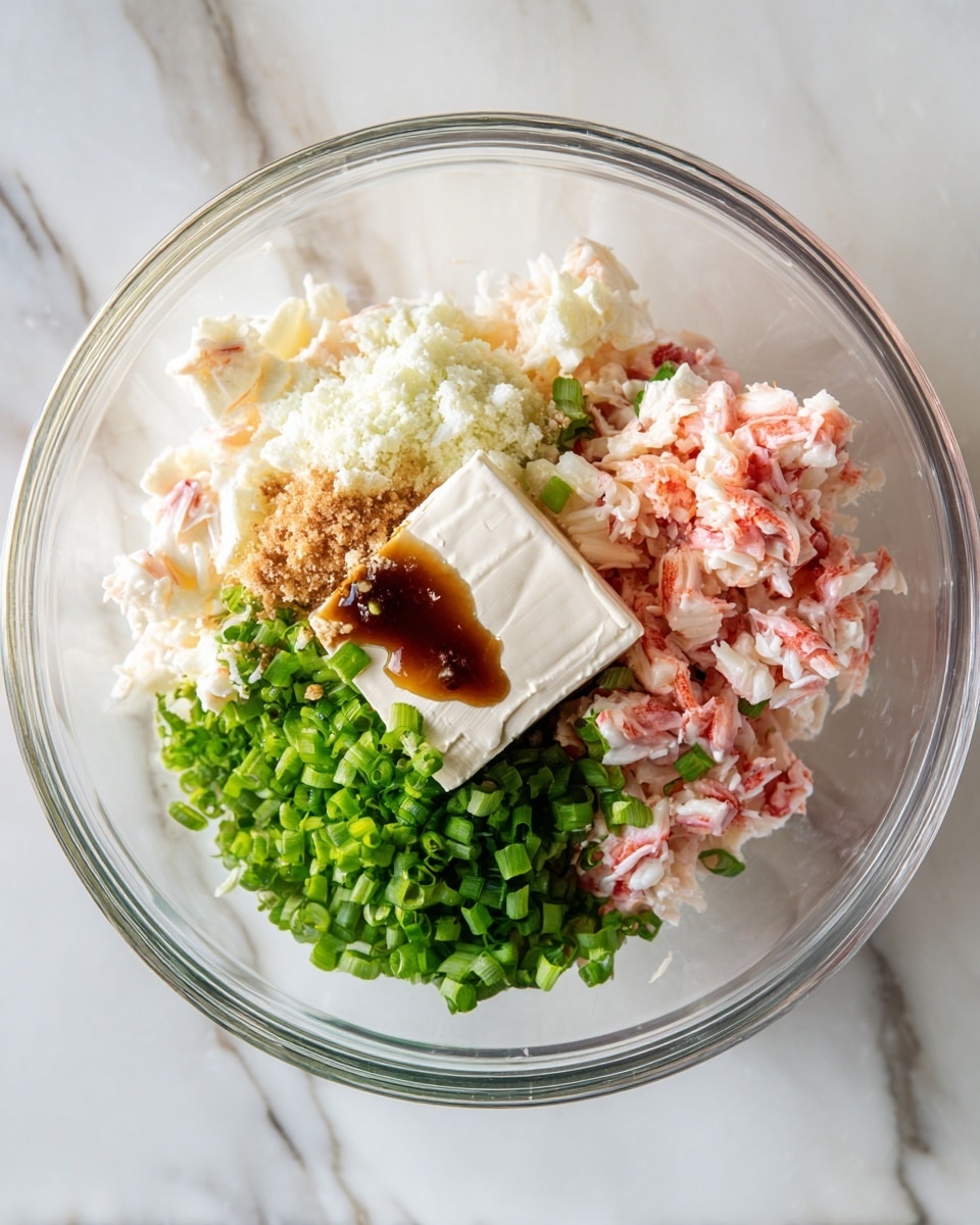 In a clear glass bowl placed on a white marbled surface, there is a mix of ingredients layered closely. At the bottom left, there are small pink and white pieces that look like finely chopped crab or imitation crab. Near the top center, a large square block of white cream cheese is placed with a few drops of brown soy sauce on it. On top of the cream cheese is a small heap of finely chopped garlic. Around the cream cheese, at the bottom right, bright green chopped scallions lay fresh and spread out. The colors are soft but distinct, and the textures vary from creamy to crumbly and fresh. Photo taken with an iphone --ar 4:5 --v 7