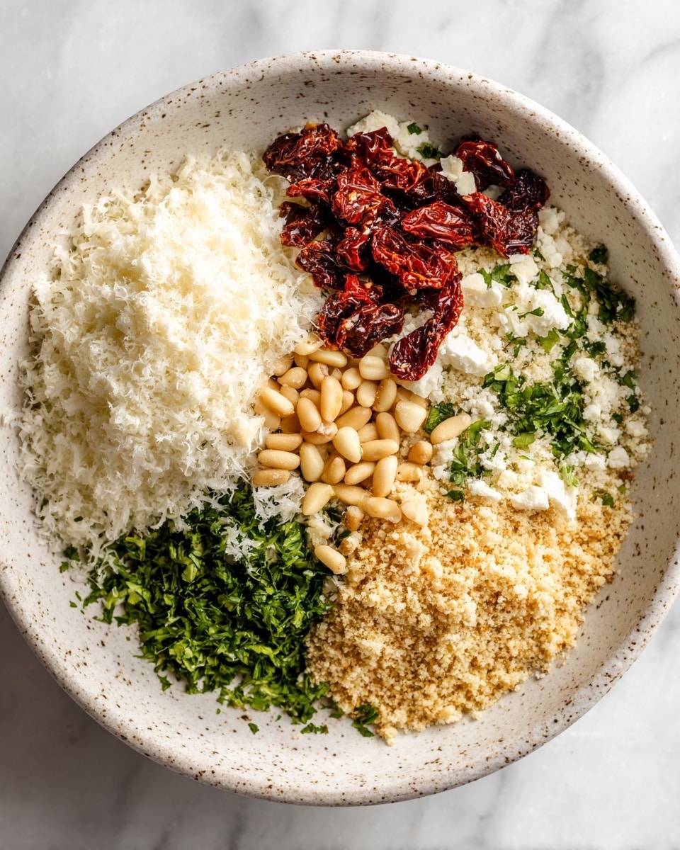 The image shows a white speckled bowl with five different ingredients arranged in separate sections. Starting from the top left, there is a pile of finely grated white cheese, next to it on the top right is a heap of small, dark red chopped sun-dried tomatoes. Below the tomatoes on the lower right side is a bunch of finely chopped fresh green herbs, likely parsley. At the bottom middle are small, smooth, light beige pine nuts with a small pinch of salt on top. To the left of the pine nuts on the lower left is a mound of light beige coarse crumbs, possibly breadcrumbs or grated nuts. The bowl is placed on a white marbled surface. photo taken with an iphone --ar 4:5 --v 7