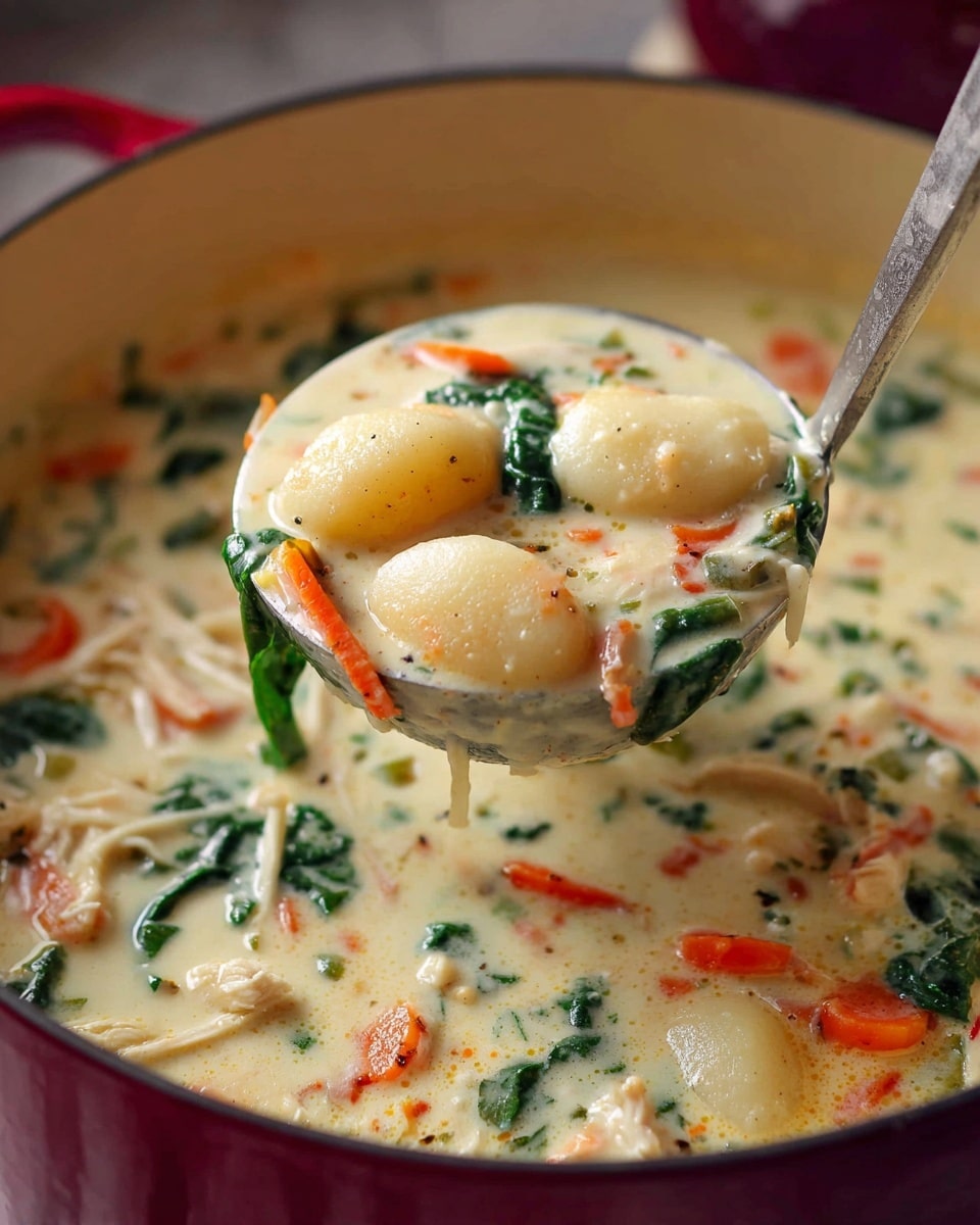 A close-up view of a creamy white soup filled with three visible layers of ingredients: plump, soft gnocchi on top, shredded pieces of white chicken mixed throughout, and small greens and thin orange carrot strips scattered inside the soup. The soup is thick and smooth, lifting from a white marbled surface by a metal ladle with a round bowl. The soup is inside a deep red pot that is partially visible at the bottom of the image. photo taken with an iphone --ar 4:5 --v 7