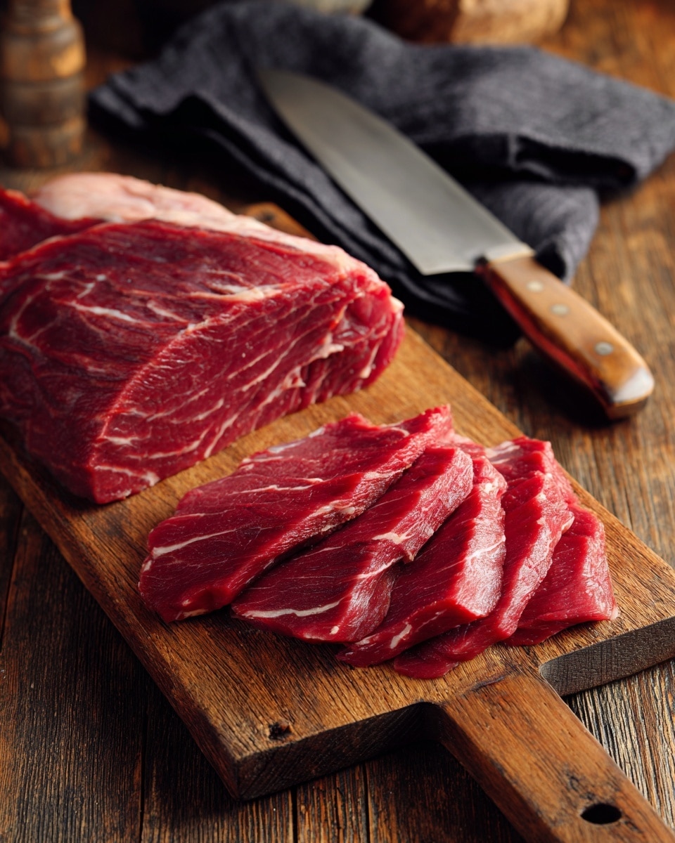 The image shows a wooden board with a large piece of raw red meat on the left and several thin slices of the same meat on the right. The meat has white marbling and looks fresh and moist. In the background, there is a large knife with a shiny blade resting on the wooden surface, and a dark cloth partially visible behind it. The setting looks like a kitchen counter. Photo taken with an iphone --ar 4:5 --v 7