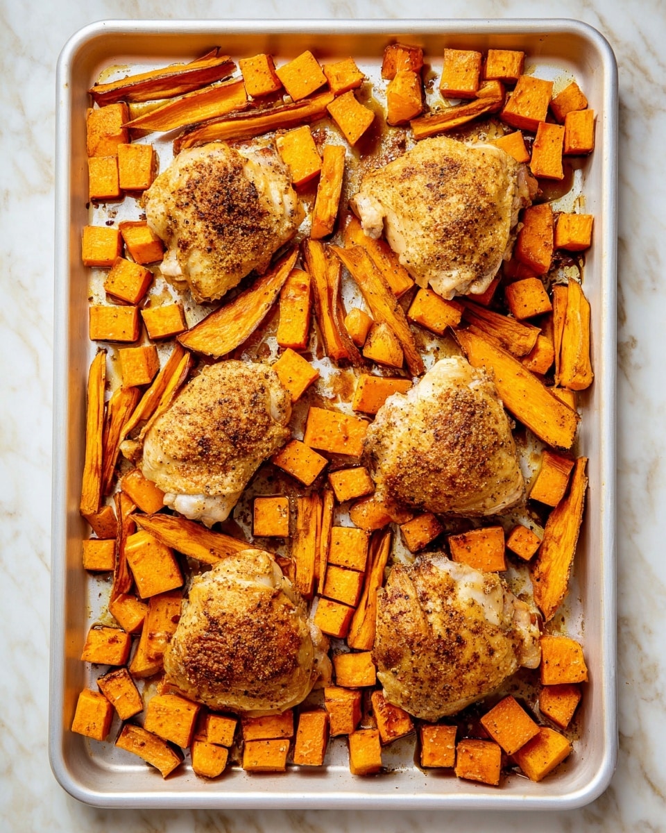 A white baking tray holds one layer of roasted food, featuring four golden brown chicken thighs spaced evenly among many pieces of roasted orange sweet potatoes. The sweet potatoes are cut in two shapes: long sticks and small cubes, all with a slightly browned and seasoned surface. The chicken thighs have a crisp, textured skin with a mix of golden and darker brown spots from roasting. The tray is placed on a white marbled surface, and there is a clean, bright light highlighting the warm colors of the food. Photo taken with an iphone --ar 4:5 --v 7