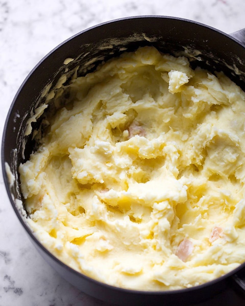 A close-up view inside a black pot filled with creamy mashed potatoes. The mashed potatoes are smooth with some small lumps and pieces of potato skin scattered throughout. The texture looks soft and fluffy with a light yellow and white creamy color. The pot's inner side has some mashed potatoes stuck to it, showing a slightly thick consistency. The background features a white marbled surface. photo taken with an iphone --ar 4:5 --v 7