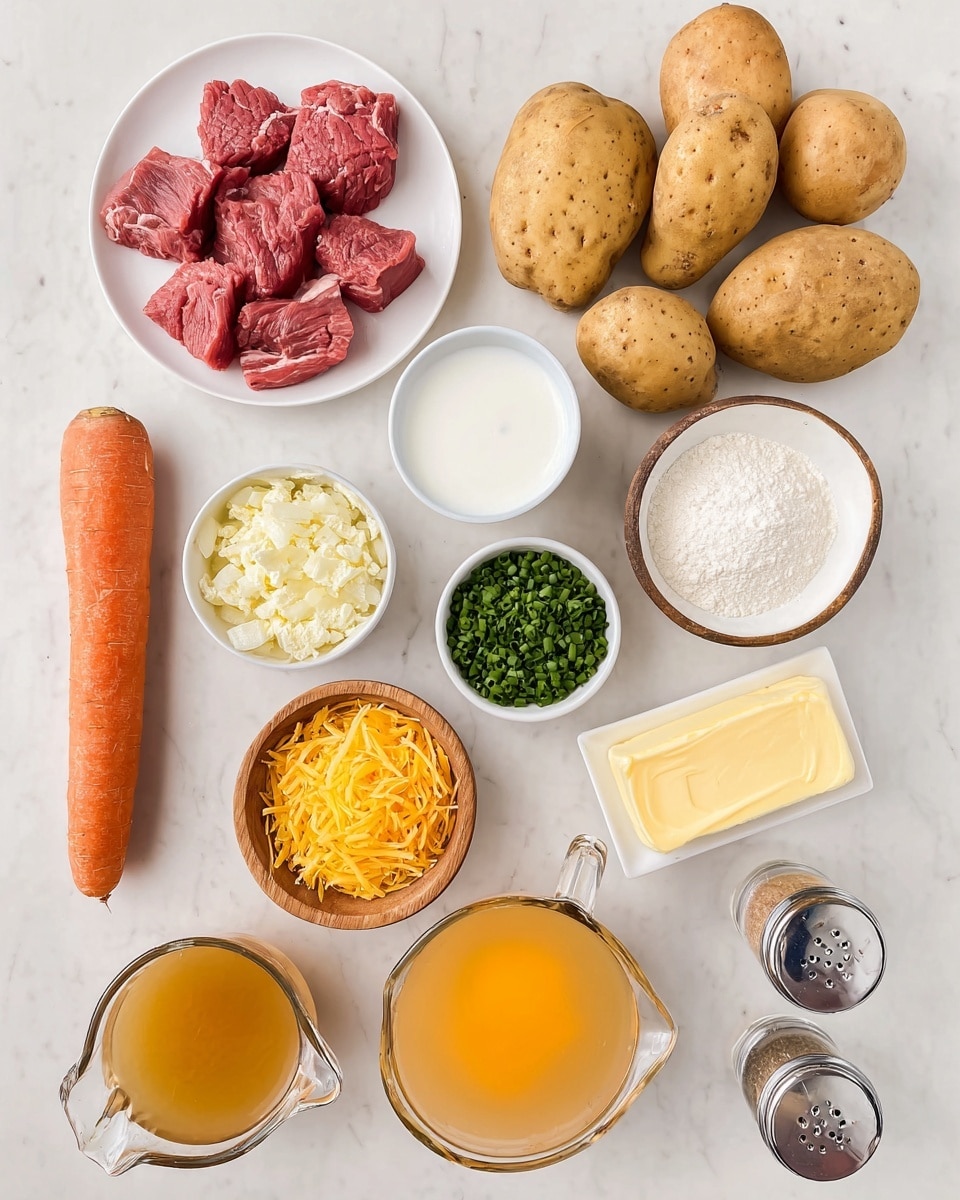 The image shows various cooking ingredients neatly arranged on a white marbled surface. There are five light brown potatoes clustered together at the top right. To the left, a white plate holds several pieces of raw red meat. Below the potatoes, there is a whole yellow onion. Two peeled orange carrots lie vertically on the left side. Small white bowls contain bright green chopped chives, light golden oil, and shredded yellow cheese. A small wooden bowl is filled with white flour, and a small glass cup holds milk. A white cup has thick white sour cream, and a rectangular stick of butter with a wrapper is placed beside it. Two glass measuring cups contain orange broth and a brown liquid. At the bottom center are clear glass salt and pepper shakers. The photo taken with an iphone --ar 4:5 --v 7