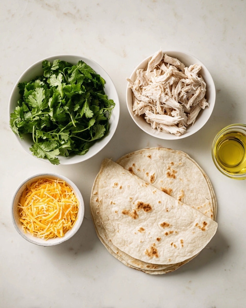 The image shows a few white bowls and three folded tortillas arranged on a white marbled surface. One bowl is filled with fresh green cilantro leaves which are bright and leafy. Another bowl holds shredded light beige chicken pieces with a soft texture. A third bowl contains grated yellow cheddar cheese with a slightly soft texture. Near the bowls is a small clear glass with light yellow oil. The three tortillas are stacked and folded partially, showing their light beige color with brown spots. The overall scene is clean and simple with natural light. photo taken with an iphone --ar 4:5 --v 7
