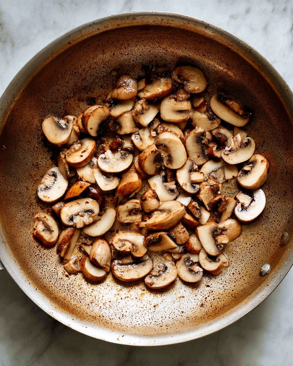 Inside a large metal pan, there is a single layer of browned sliced mushrooms. The mushrooms are light tan and brown with a slightly shiny texture from cooking. The pan has a browned, seasoned surface that adds a rustic look. The pan rests on a white marbled texture. photo taken with an iphone --ar 4:5 --v 7