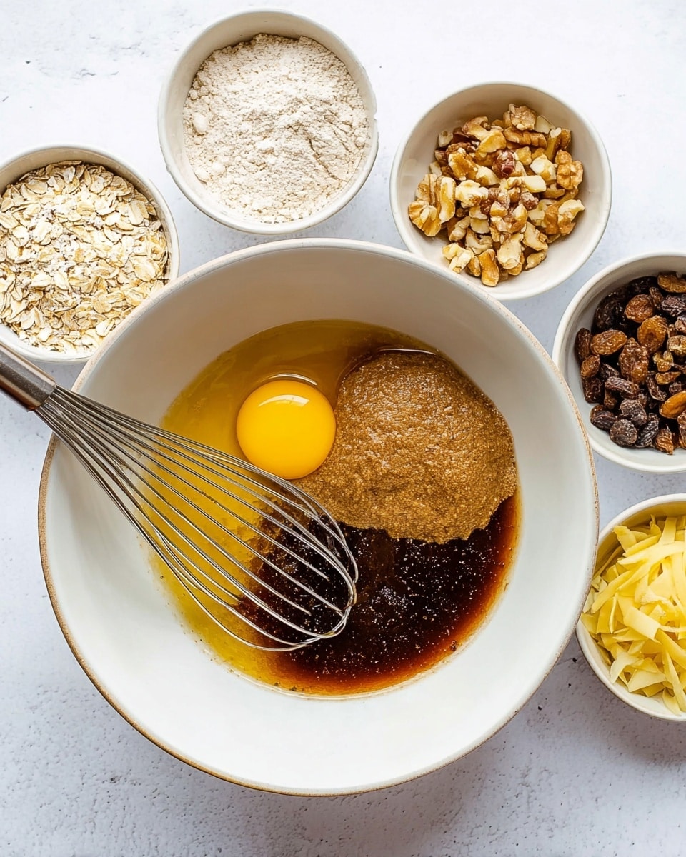A white bowl sits in the center on a white marbled surface, holding five ingredient layers: a bright yellow egg yolk near the top, a dark maple syrup layer spreading unevenly, a light brown almond butter dollop, a golden applesauce portion, and a rich dark brown molasses patch. A silver whisk with thick wires rests inside the bowl on the left side, touching the ingredients. Around the main bowl are five smaller white bowls each filled with different dry and wet ingredients including pale oat flakes, light flour, golden shredded apples, dark brown raisins, and light brown chopped nuts. The scene is bright and well lit, showing all textures clearly photo taken with an iphone --ar 4:5 --v 7