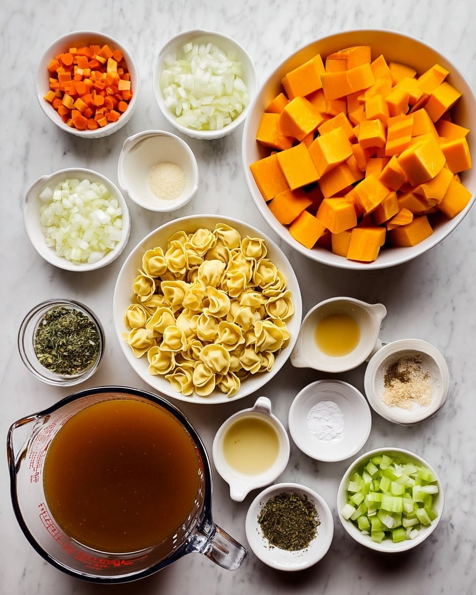 The image shows several small white bowls and a clear glass measuring cup arranged on a white marbled surface. There is a large bowl of cubed bright orange butternut squash on the right. Next to it, a smaller bowl holds chopped white onions. Above that and to the right, there are small bowls with diced celery, chopped carrots, and dried herbs. On the left side of the image, a white bowl holds yellow uncooked tortellini pasta. A measuring cup filled with brown broth sits in the center. Around the cups and bowls are small portions of minced garlic, grated cheese, olive oil, cream, salt, pepper, and seasonings. The colors contrast well against the white marbled background, creating a clean and organized look. photo taken with an iphone --ar 4:5 --v 7
