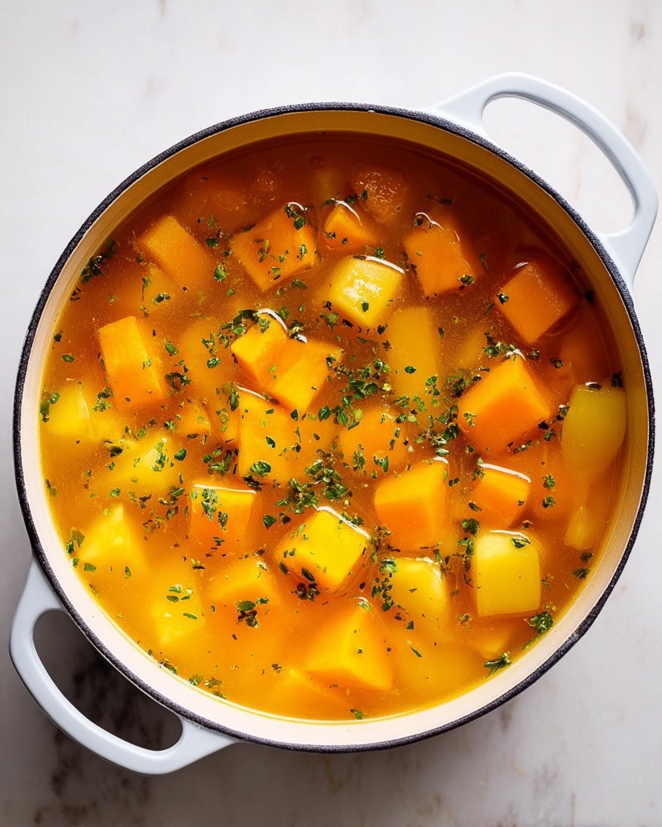 A white pot filled with clear orange broth containing large chunky yellow-orange butternut squash pieces and smaller light cream potato pieces, all covered with small green herb bits sprinkled evenly on top. The pot has two handles on the sides and sits on a white marbled surface. The colors are bright and fresh, showing a simple and healthy soup ready to cook or serve. Photo taken with an iphone --ar 4:5 --v 7