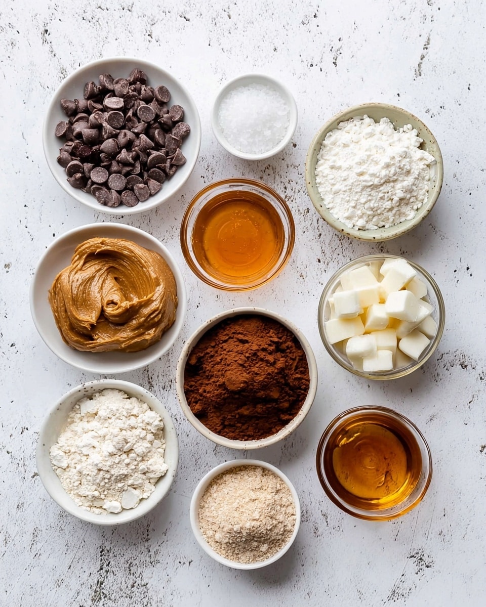 Top view of nine small white bowls and plates arranged in a circle on a white marbled surface, each holding different baking ingredients: one bowl has dark brown chocolate chips, another has white coarse salt, one has thick light brown nut butter with a creamy texture, another bowl contains dark brown cocoa powder with a slightly crumbly texture, a small glass bowl with translucent amber honey, another bowl filled with fine white powder, a small dish with white coconut oil chunks, a bowl of white crumbly flour, and a small bowl with light brown powder. photo taken with an iphone --ar 4:5 --v 7