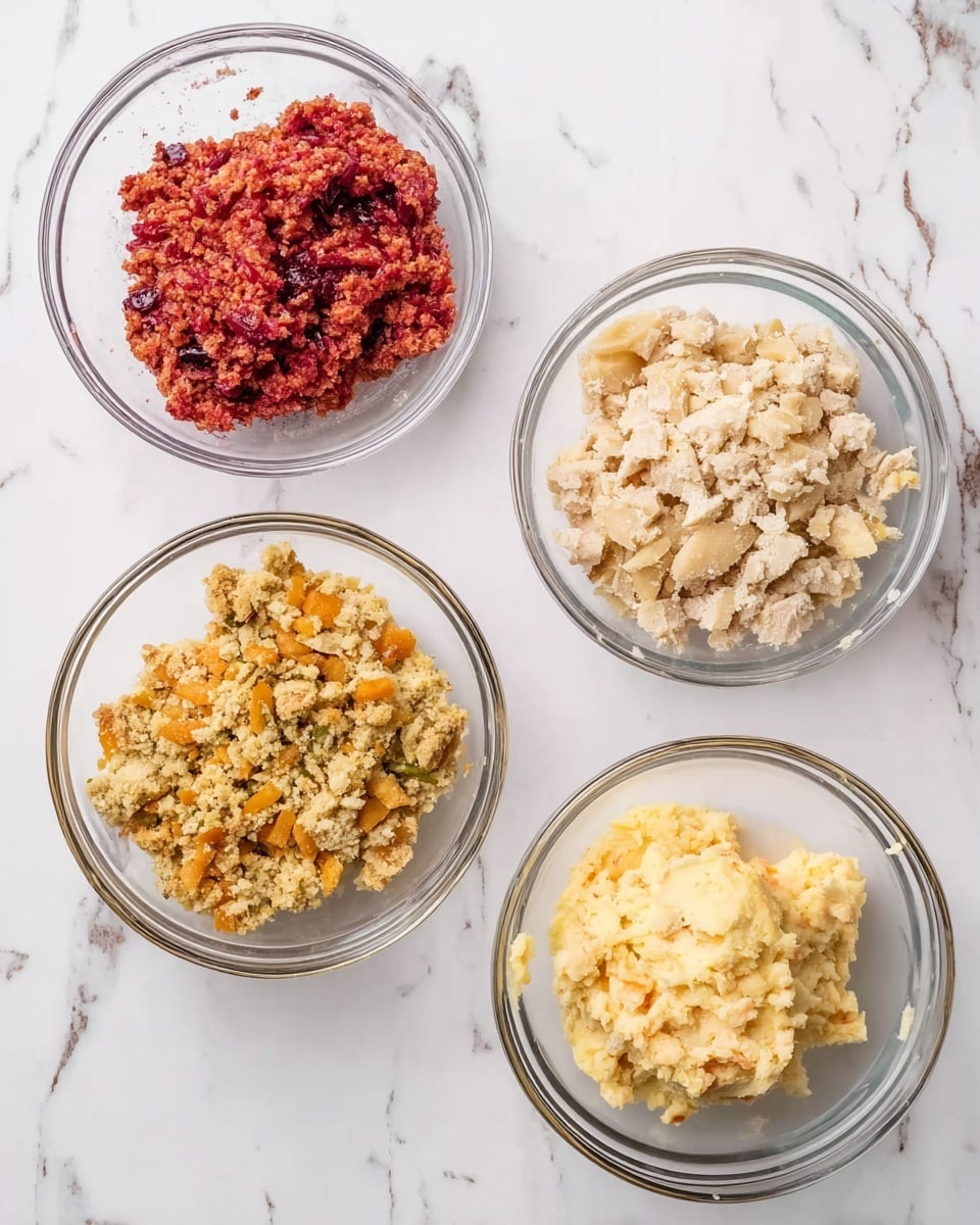Four clear glass bowls sit on a white marbled surface. The top left bowl holds a thick, bright red mixture with a chunky texture. The top right bowl contains light beige, small diced pieces. The bottom left bowl has crumbly, golden-brown pieces with some green and orange bits mixed in. The bottom right bowl shows a pale yellow, mashed mixture with small lumps. Photo taken with an iphone --ar 4:5 --v 7