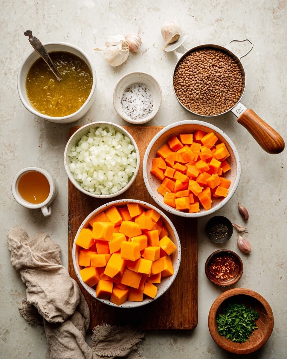 A top view of a stainless steel pot filled with orange lentils covered in water with bubbles on top. Around the pot on a white marbled surface are several small white bowls and cups: one bowl with finely chopped white onions, one cup with a brown liquid, one bowl with chunks of pale orange cantaloupe, one bowl with bright orange carrot cubes, one small dish with salt and black pepper, one small bowl with a red spice, and one small dish with dried green herbs and red powder. Photo taken with an iphone --ar 4:5 --v 7
