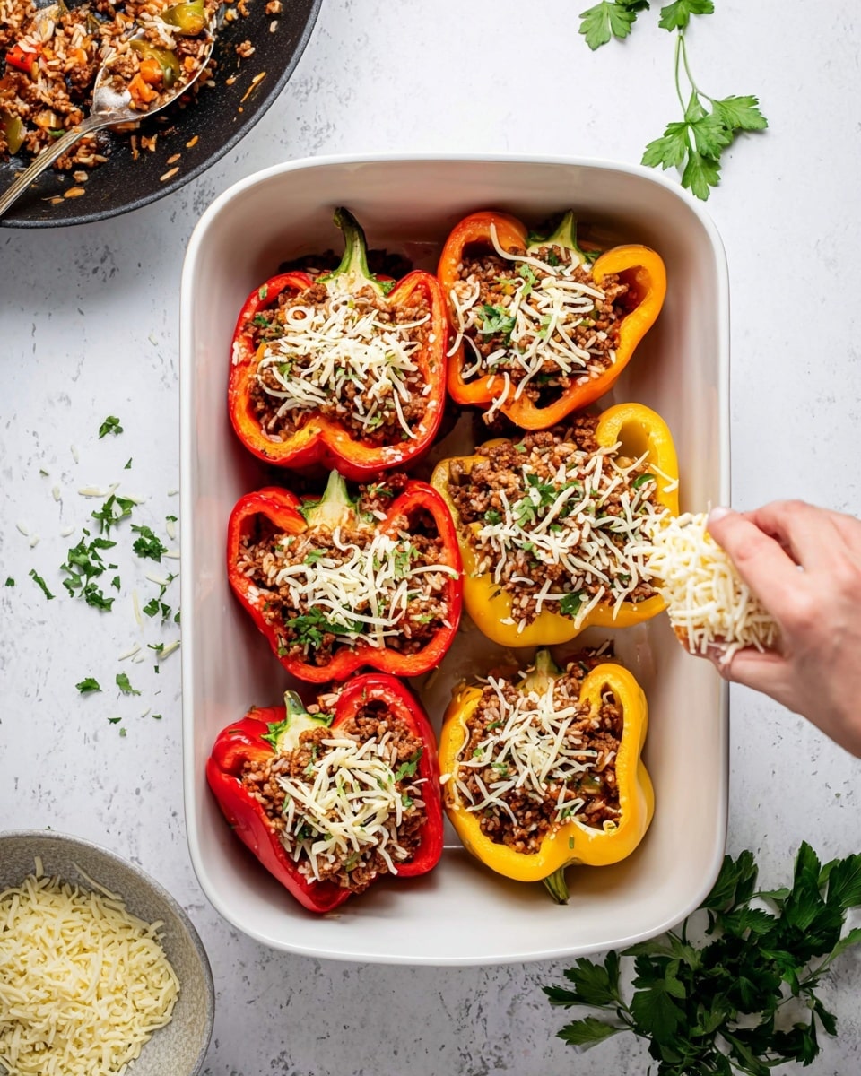 A white baking dish on a white marbled surface holds eight halved bell peppers, arranged in two overlapping rows. Each pepper half acts as a bowl filled with a mixture of cooked ground meat, finely chopped vegetables, and rice, visible as a textured, brownish filling with small green flecks. The peppers alternate between bright red and yellow colors, their smooth surfaces contrasting with the rough, chunky filling. A hand is sprinkling shredded white cheese over the top layer of stuffed peppers. To the side, there is a white bowl with more shredded cheese and a black skillet with a spoon resting inside, showing some leftover filling. Small green parsley leaves lie scattered on the surface near the dish. Photo taken with an iphone --ar 4:5 --v 7
