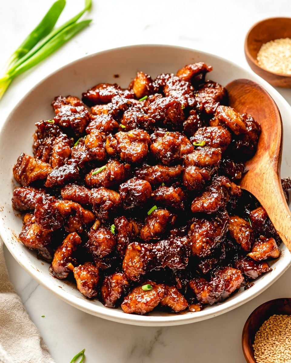 A large white bowl is filled with many small pieces of dark brown glazed chicken, each piece shiny and coated in a thick sauce. The chicken pieces are irregular shapes, densely packed and layered across the bowl. A wooden spoon rests inside the bowl, partially stirring the chicken. Around the bowl, the scene has a few green onion pieces on the left and a small bowl with light sesame seeds at the top right. The surface is a clean white marbled texture. photo taken with an iphone --ar 4:5 --v 7