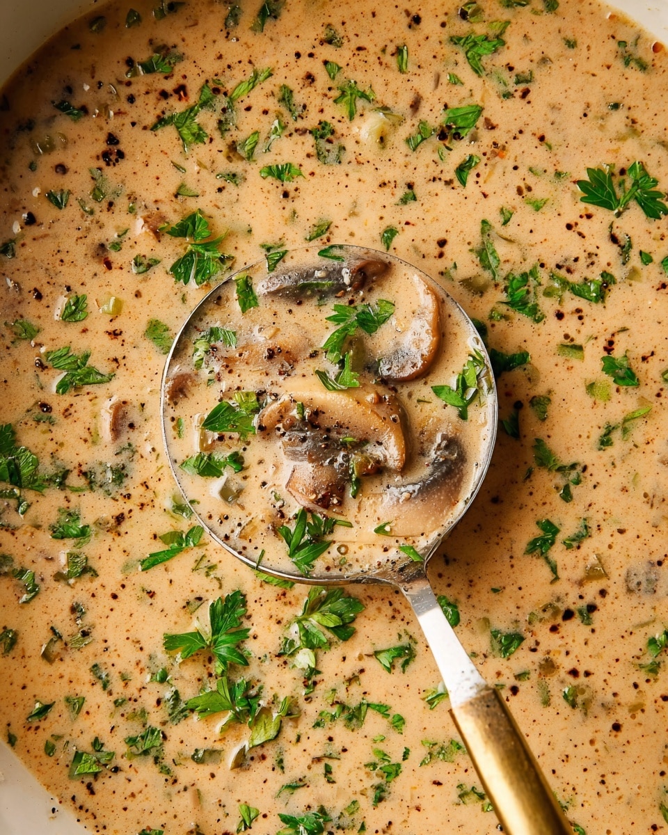 This close-up image shows a creamy mushroom soup with a light brown color filled with small, soft mushroom pieces throughout. The soup has a smooth, thick texture and is topped with fresh, bright green chopped parsley and coarse black pepper flakes scattered across the surface. In the center, a silver ladle with a brass handle lifts a portion of the soup, showing the creamy texture and mushroom pieces inside, along with more parsley sprinkled on top. The background is a white marbled texture. photo taken with an iphone --ar 4:5 --v 7