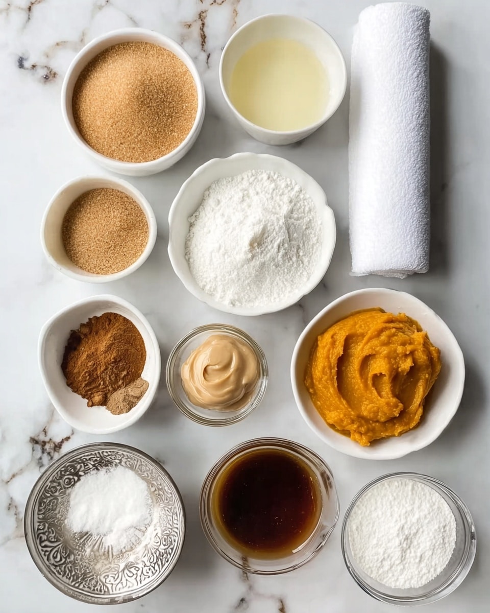 A white marbled surface holds an array of ingredients in small white bowls and clear glass containers arranged neatly. Starting from the top left, there is a bowl filled with light brown sugar, next to it a bowl of light beige liquid, and another bowl with a pale yellow liquid to the right. Below these, a white mound of powdered sugar sits in a white bowl next to a white cloth folded in the middle. To the right of the cloth is a bowl filled with bright orange pumpkin puree, and a small glass container with creamy beige paste. Moving downward, a tiny white bowl with dark brown vanilla extract sits next to a bowl filled with tightly packed, light brown cinnamon powder. Near the bottom, a decorative white bowl contains thick amber maple syrup, while the bottom row features a small metal bowl of white salt and another glass bowl filled with white flour or powdered sugar, all on the white marbled texture surface. photo taken with an iphone --ar 4:5 --v 7