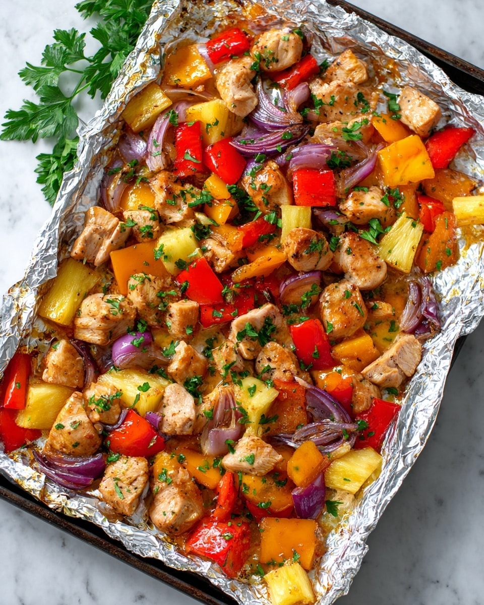 The image shows a sheet tray covered with silver foil holding a colorful mix of cooked food. There are three main layers visible: chunky pieces of light brown cooked chicken scattered all over, bright red bell pepper pieces in rectangles, and yellow-orange bell pepper pieces along with chunks of yellow pineapple. Mixed throughout are slices of soft purple-red onion. The whole dish is sprinkled with small bright green herb pieces on top, adding fresh color contrast. The foil is shiny with some golden brown sauce patches visible underneath the food. The photo background is changed to white marbled texture, with a sprig of green parsley on one edge. Photo taken with an iphone --ar 4:5 --v 7