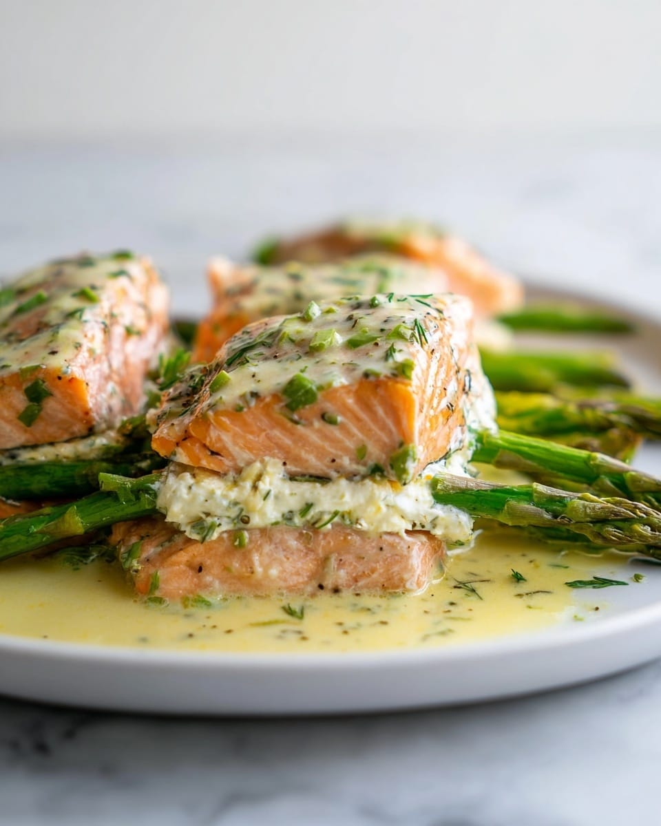 The dish shows several pieces of cooked salmon stacked in two layers on a white plate. Each piece consists of a bottom layer of salmon, a middle layer of white creamy cheese with herbs, and a top layer of salmon sprinkled with small green herb flakes. Bright green asparagus spears are placed between the salmon layers, sticking out on both sides. A light yellow sauce with herbs is drizzled over the salmon and plate, all set on a white marbled surface. The overall look is fresh and creamy with soft textures and natural colors. photo taken with an iphone --ar 4:5 --v 7