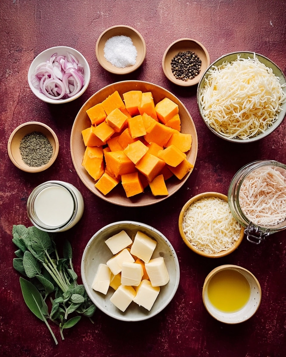 A set of ingredients is arranged on a dark reddish textured surface. In the center, there is a round bowl filled with large, orange, cubed pieces of squash. To the right of it, a white bowl holds shredded mozzarella cheese that is pale yellow and stringy, while below it, another white bowl is filled with finely grated parmesan cheese, looking powdery and white. Above these bowls, there are three small round dishes: one with coarse salt, one with brown ground spices, and another with black and white peppercorns. To the left of the squash bowl, a white bowl contains finely chopped shallots in pale purple and white. Near it, a small white bowl holds four small cubes of pale yellow butter. Below the butter, a small beige bowl has finely minced garlic, and next to it, a small yellow bowl shows golden olive oil. In the far left corner, fresh green herb leaves are placed, adding a natural touch. A glass jar with a creamy white liquid is also on the bottom left. photo taken with an iphone --ar 4:5 --v 7